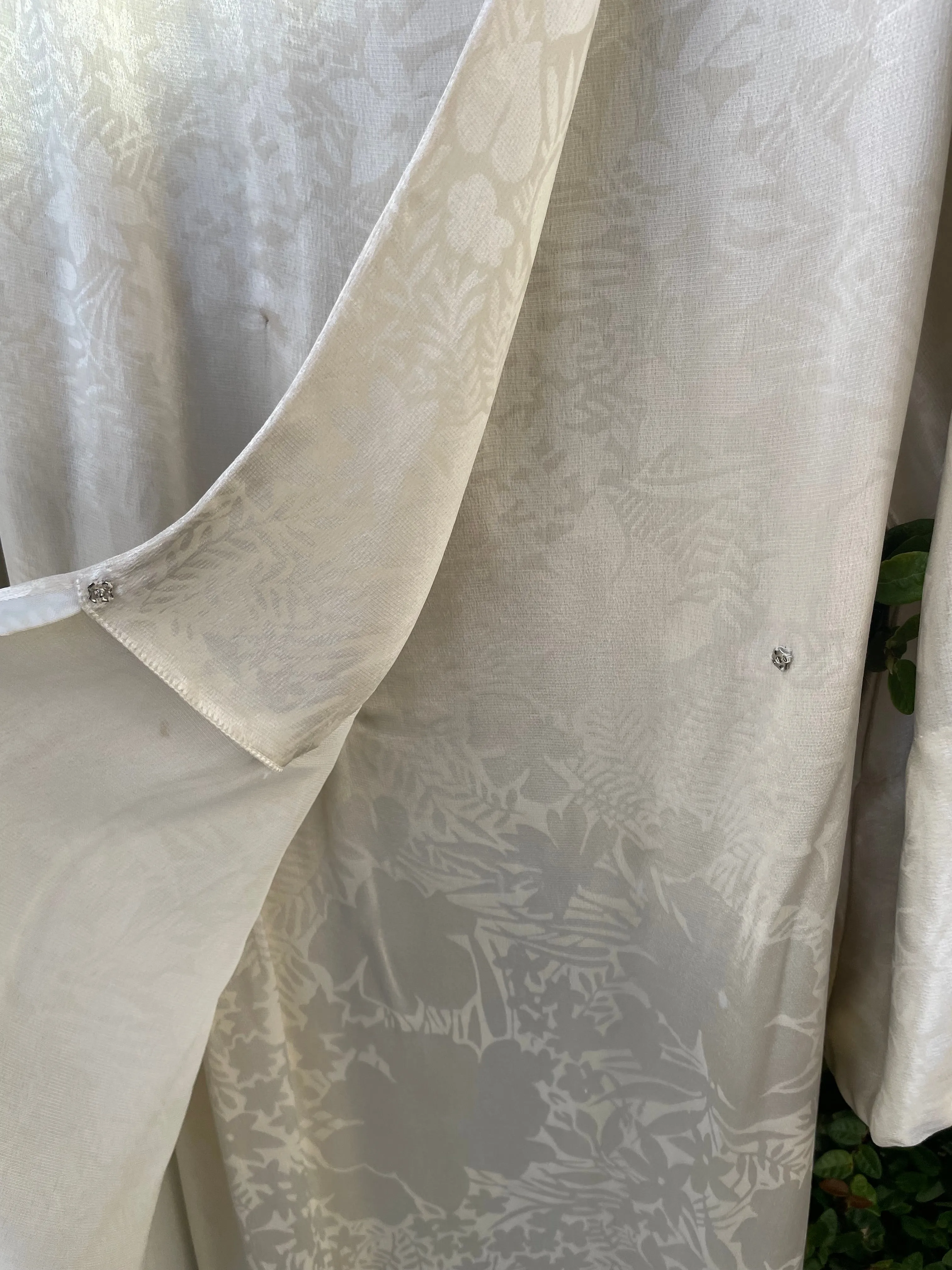1930s Bell Sleeve Floral Ivory Charmeuse Collared Hostess Gown