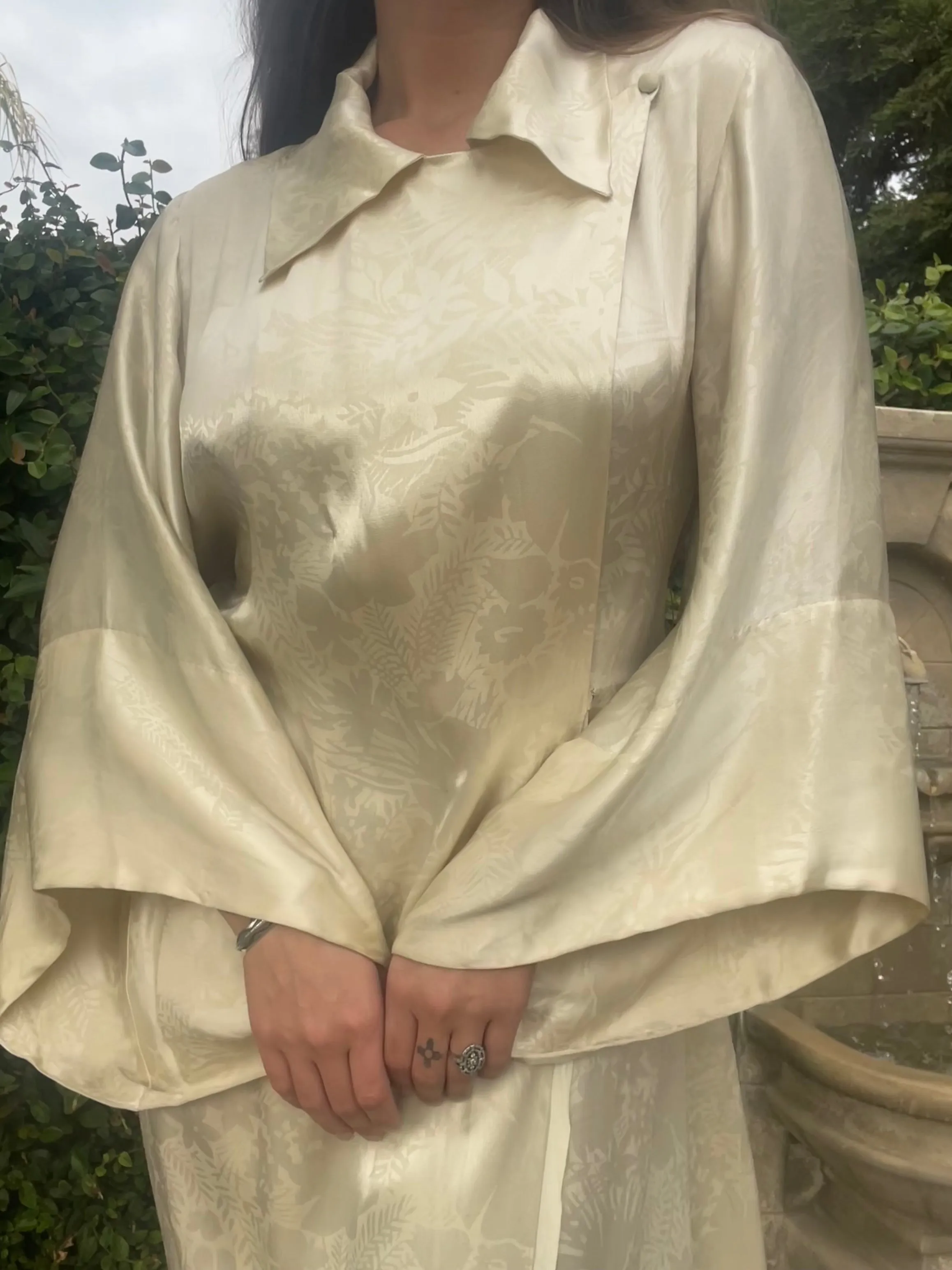 1930s Bell Sleeve Floral Ivory Charmeuse Collared Hostess Gown