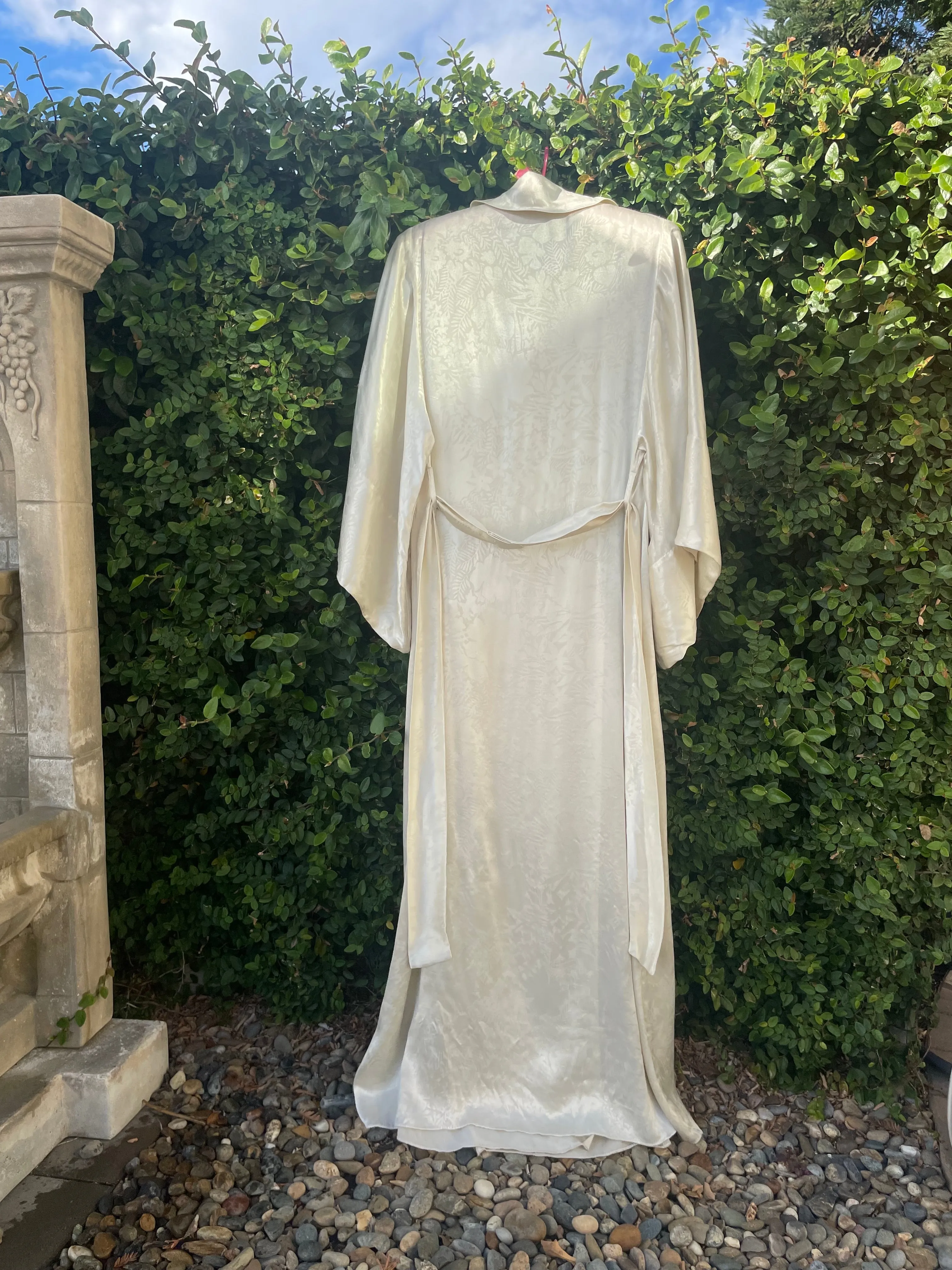 1930s Bell Sleeve Floral Ivory Charmeuse Collared Hostess Gown