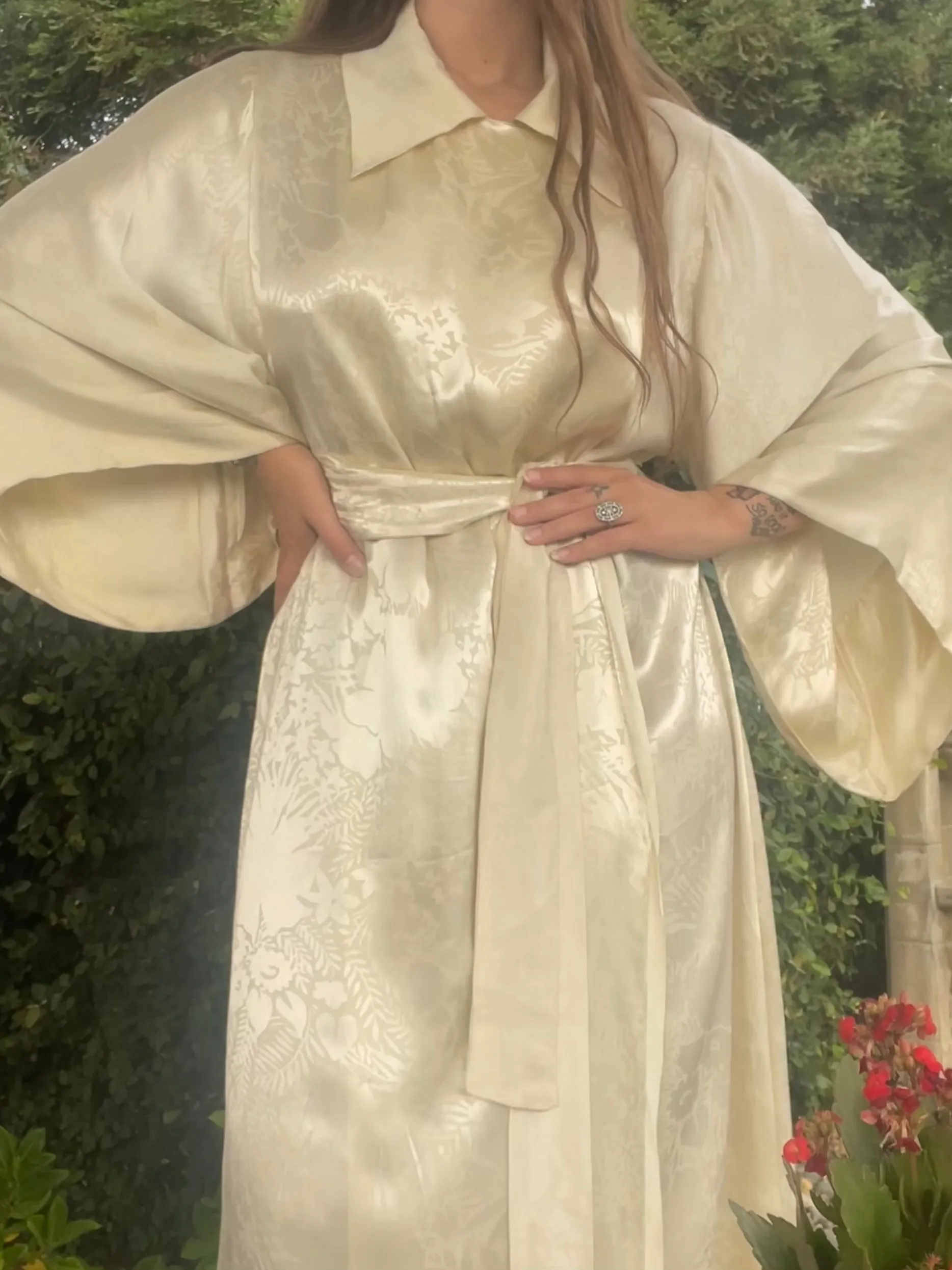 1930s Bell Sleeve Floral Ivory Charmeuse Collared Hostess Gown