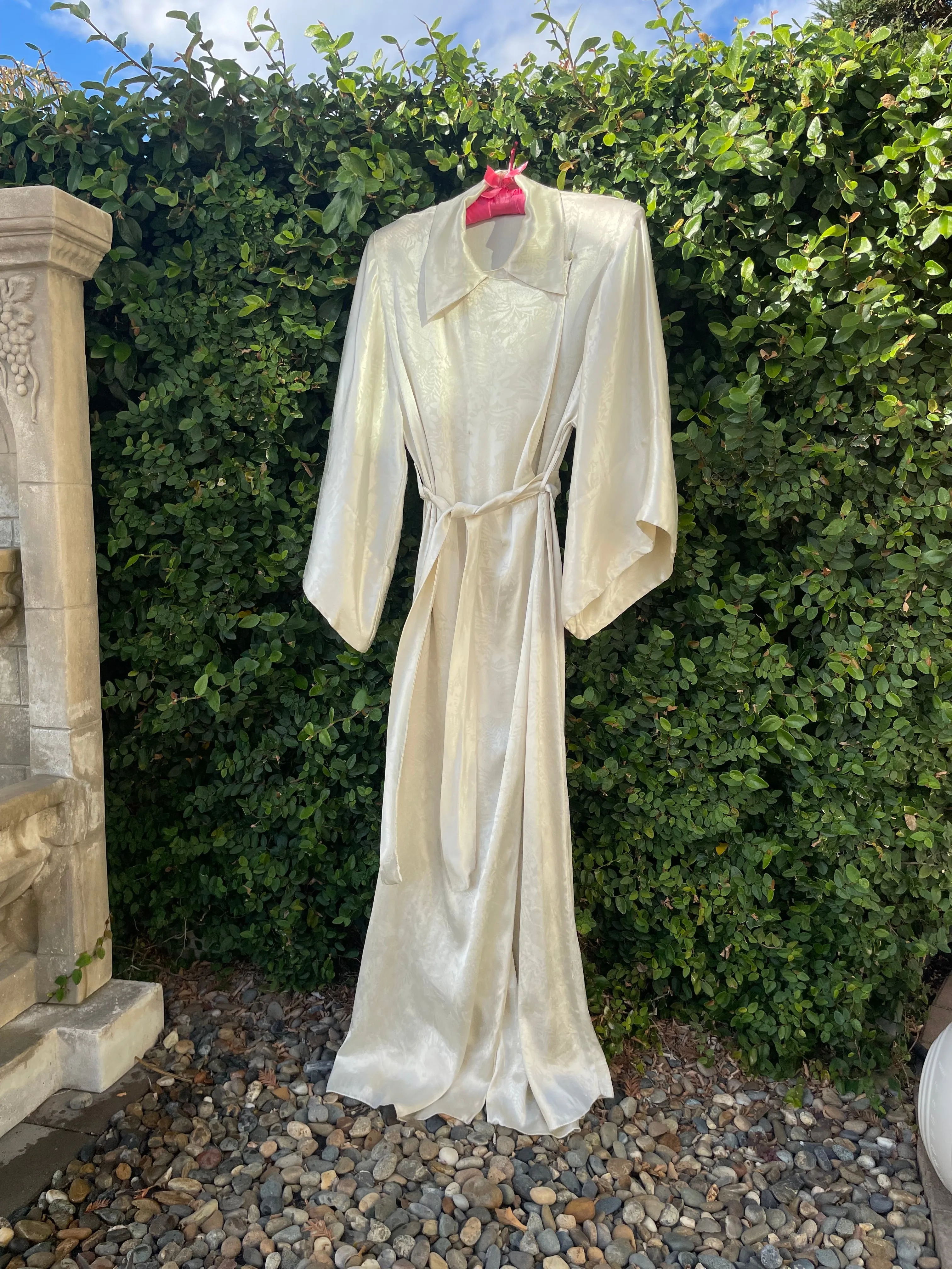 1930s Bell Sleeve Floral Ivory Charmeuse Collared Hostess Gown