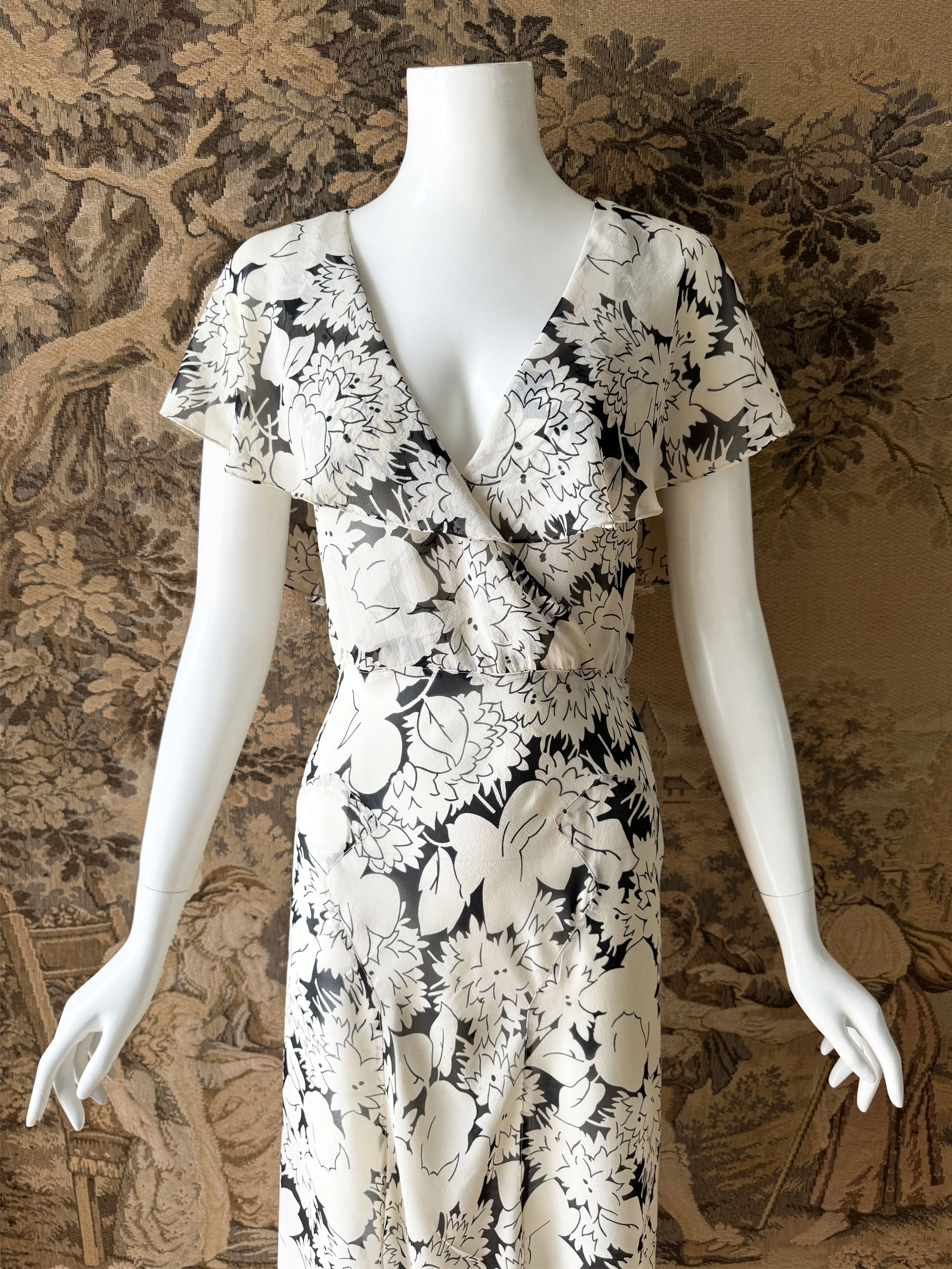 1930s Black & White Chiffon Midi Dress