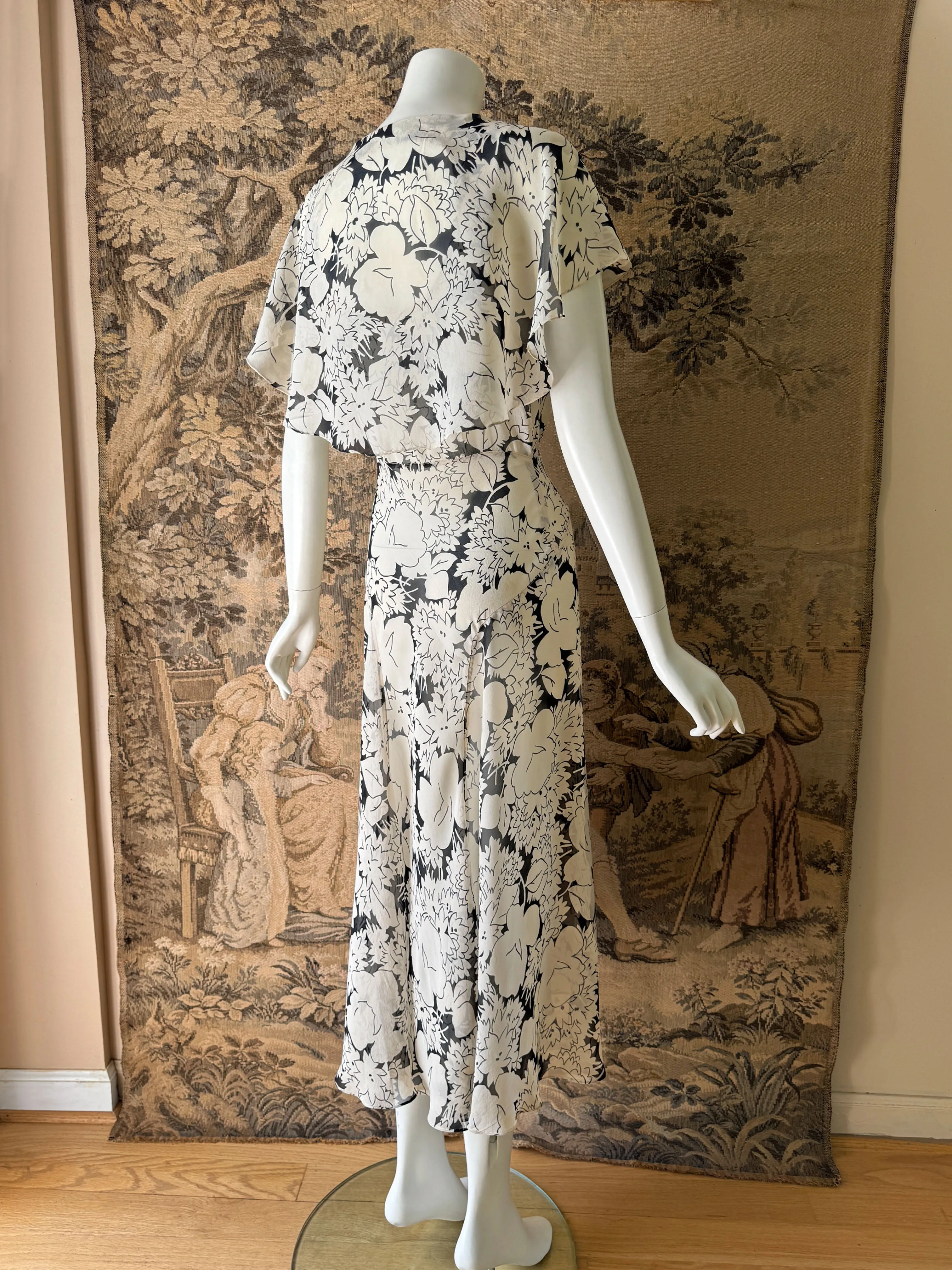 1930s Black & White Chiffon Midi Dress