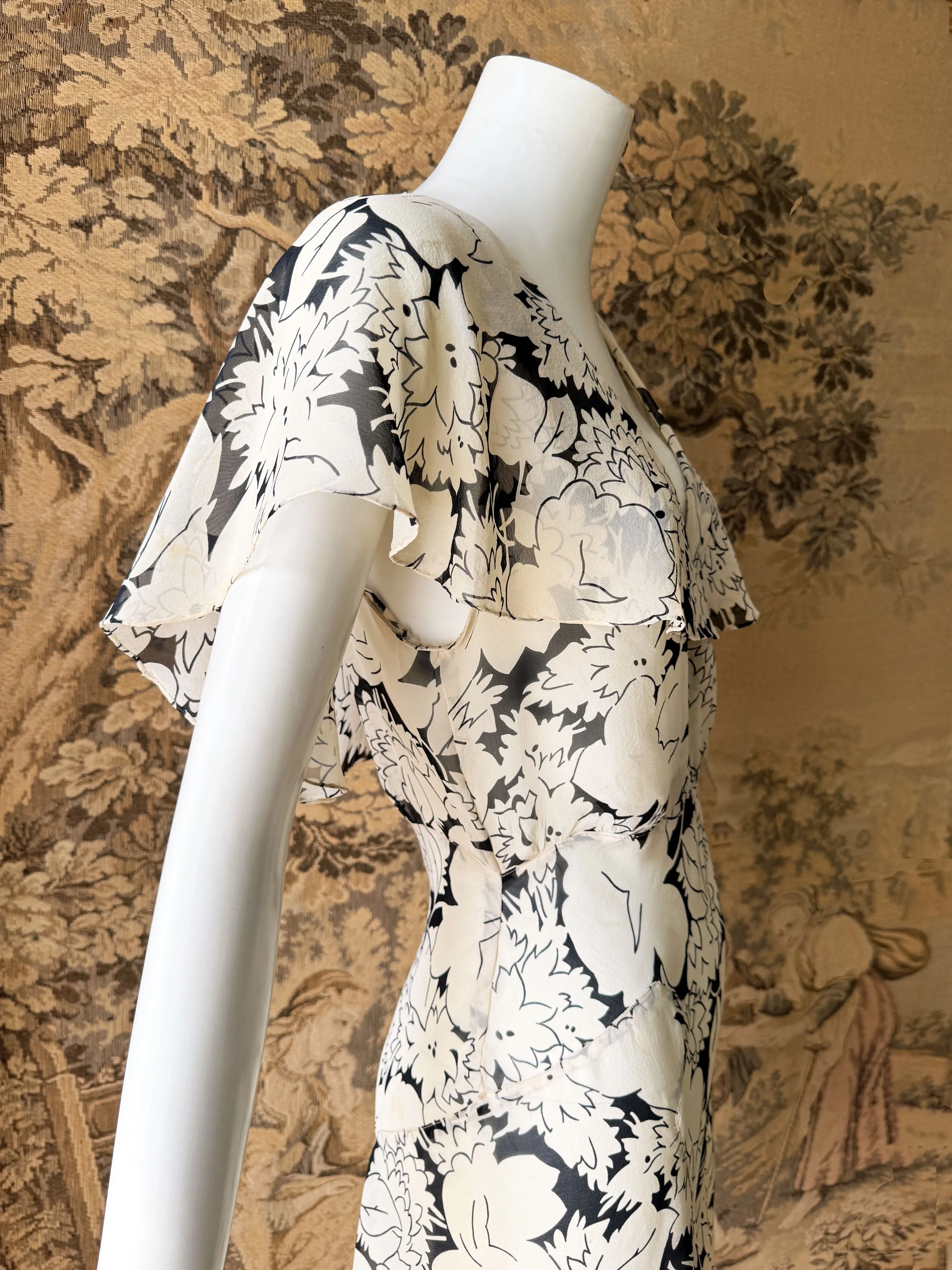 1930s Black & White Chiffon Midi Dress