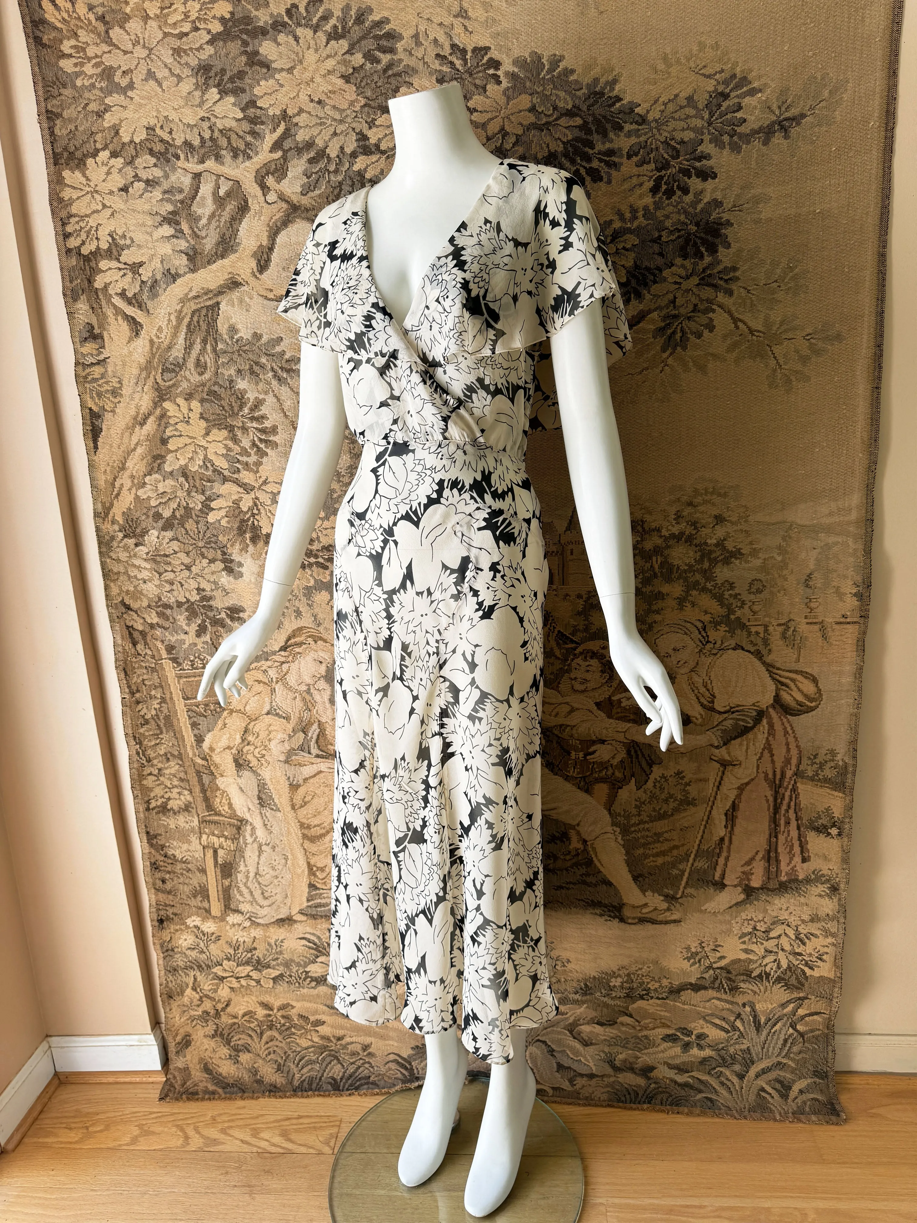 1930s Black & White Chiffon Midi Dress