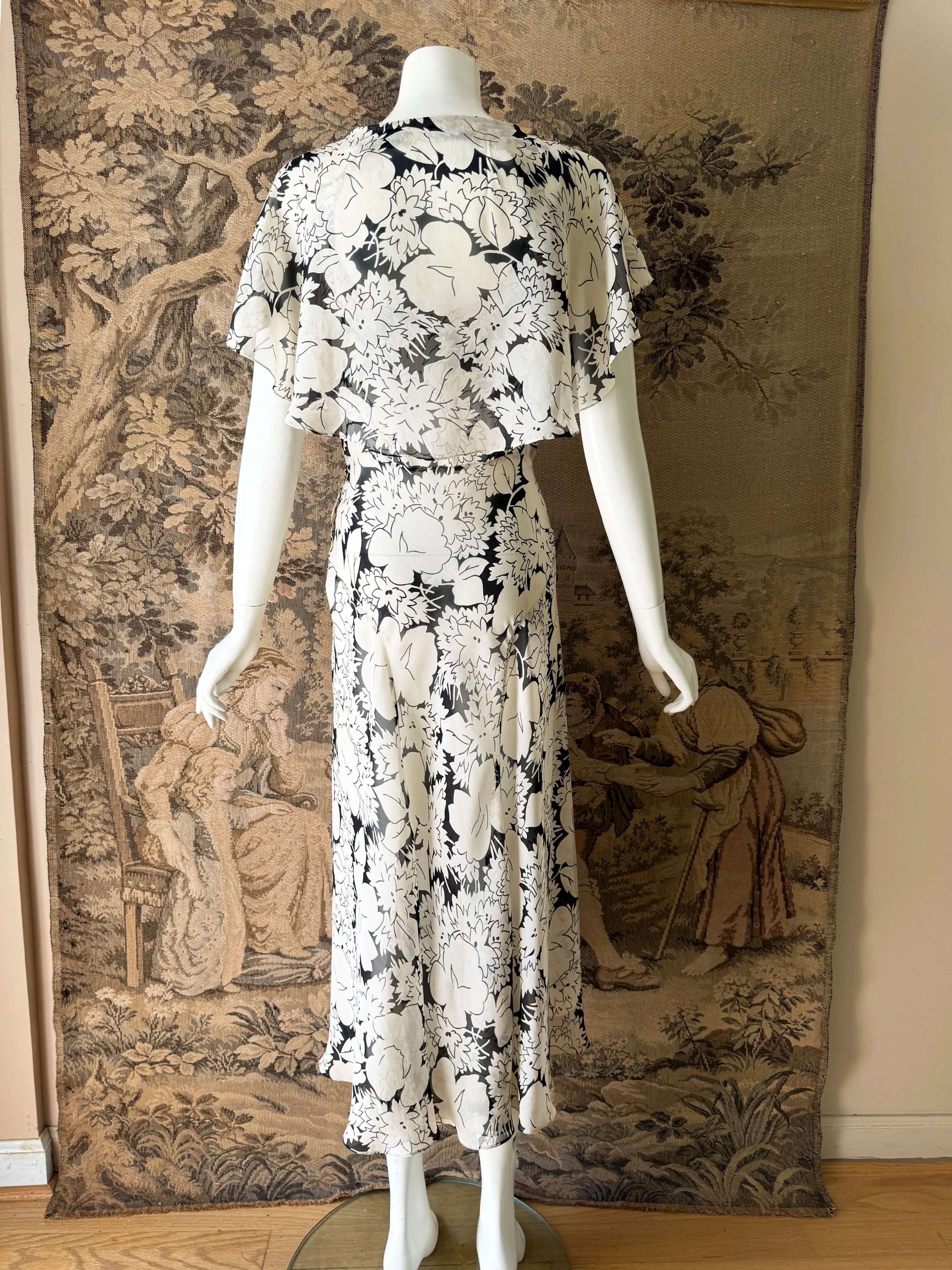 1930s Black & White Chiffon Midi Dress