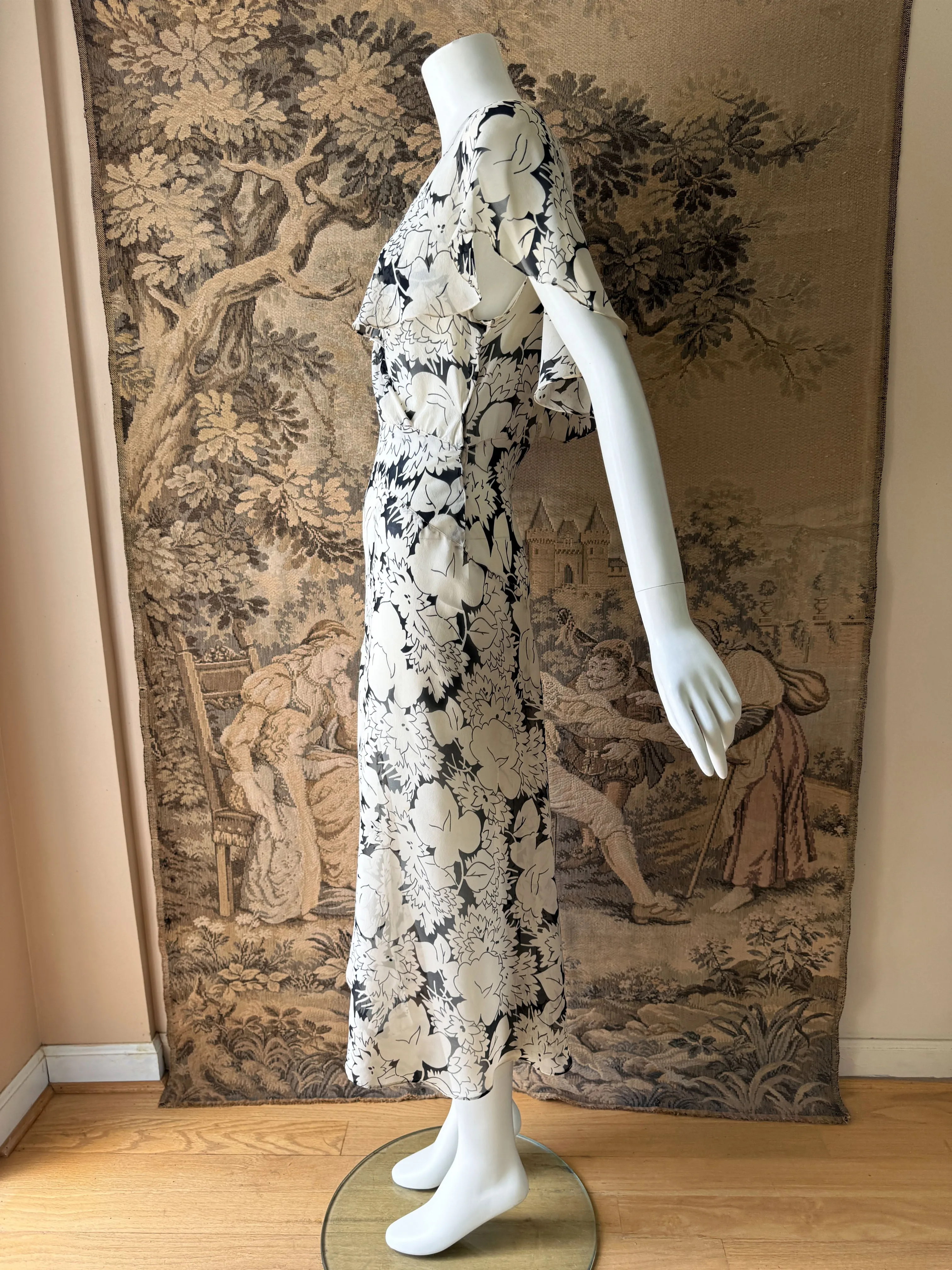 1930s Black & White Chiffon Midi Dress