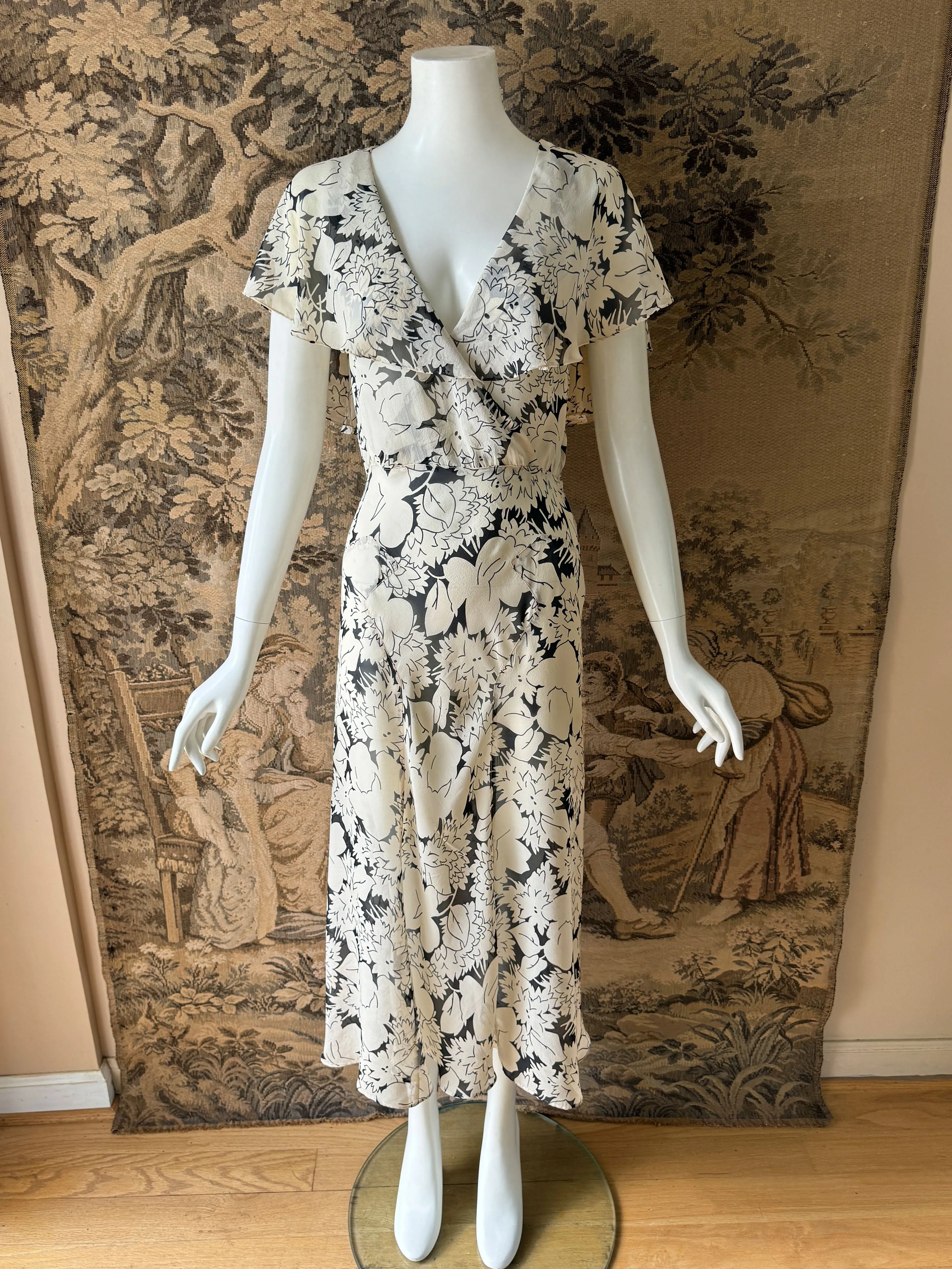 1930s Black & White Chiffon Midi Dress