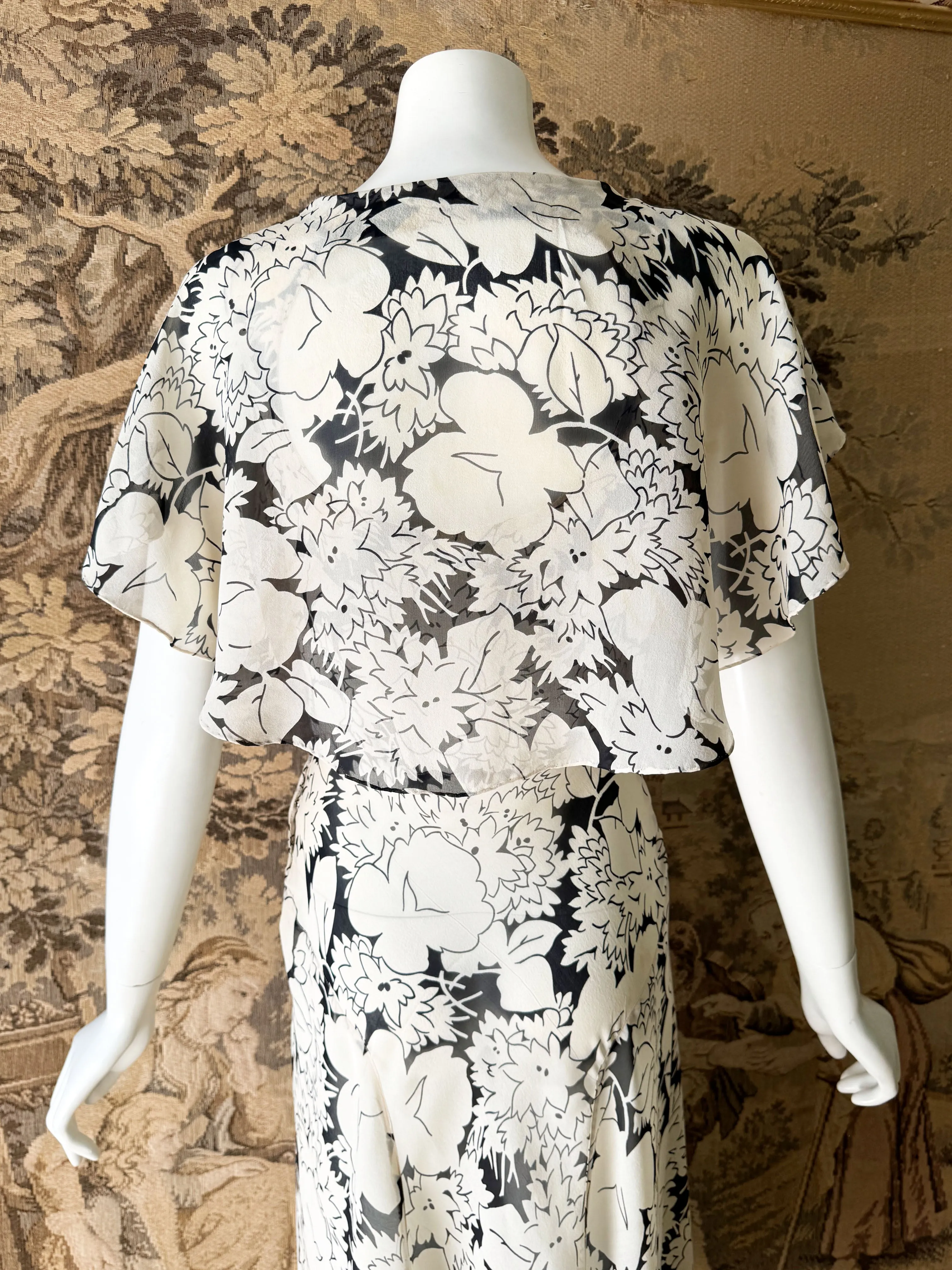 1930s Black & White Chiffon Midi Dress