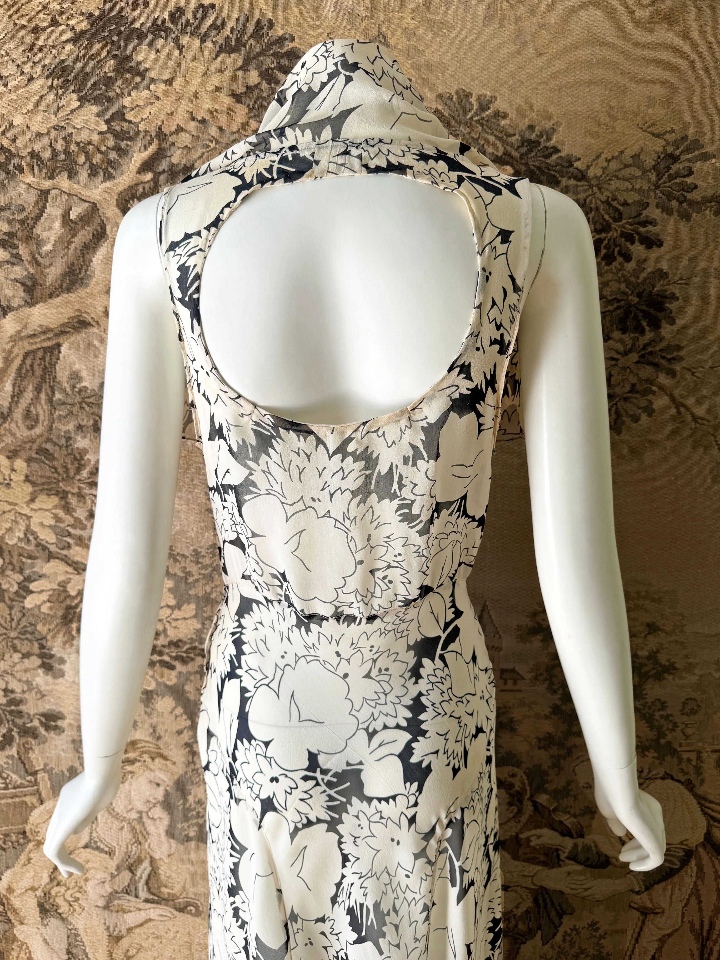 1930s Black & White Chiffon Midi Dress