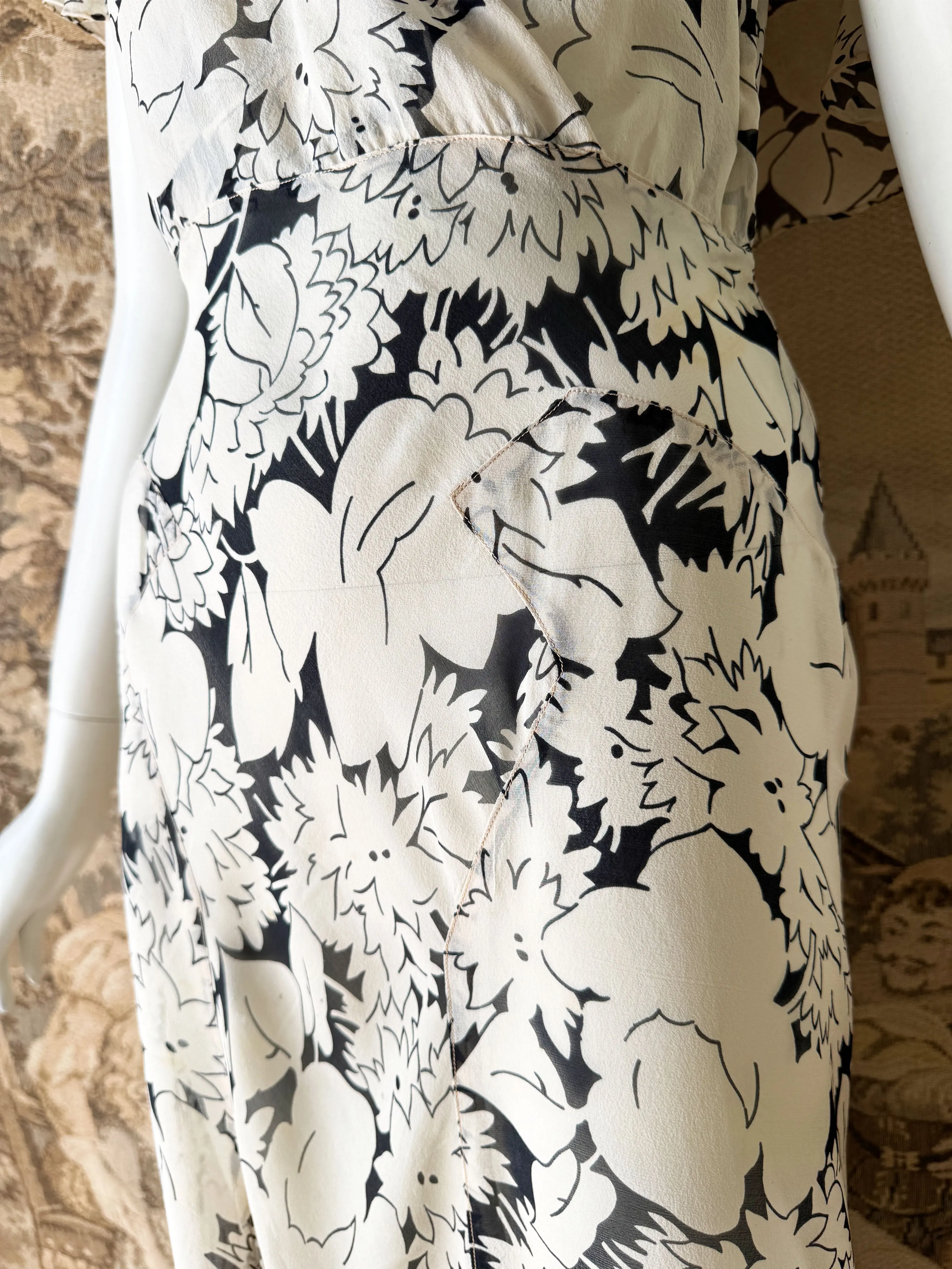 1930s Black & White Chiffon Midi Dress