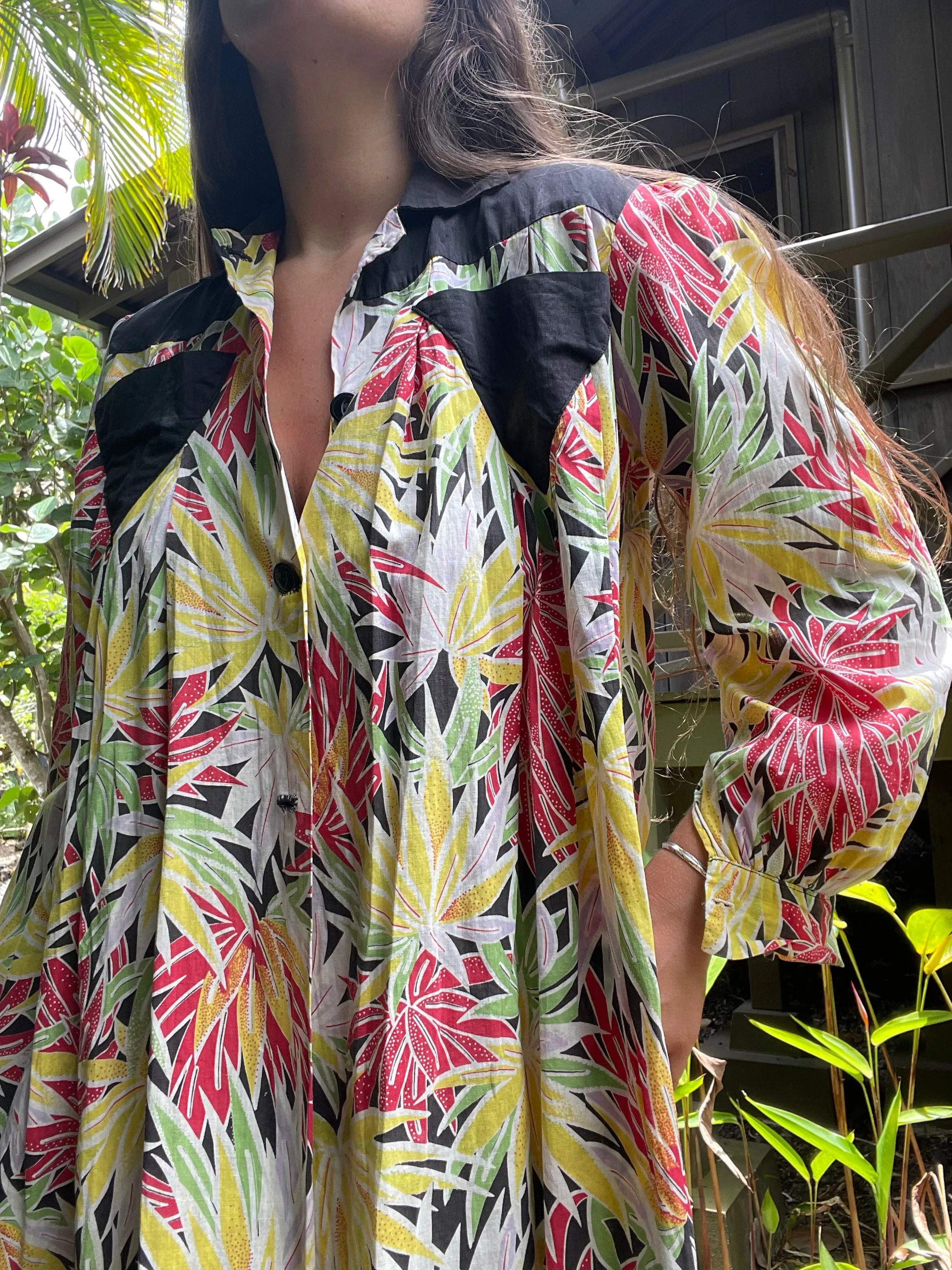 1930s Vibrant Tropical Floral Cotton Smock