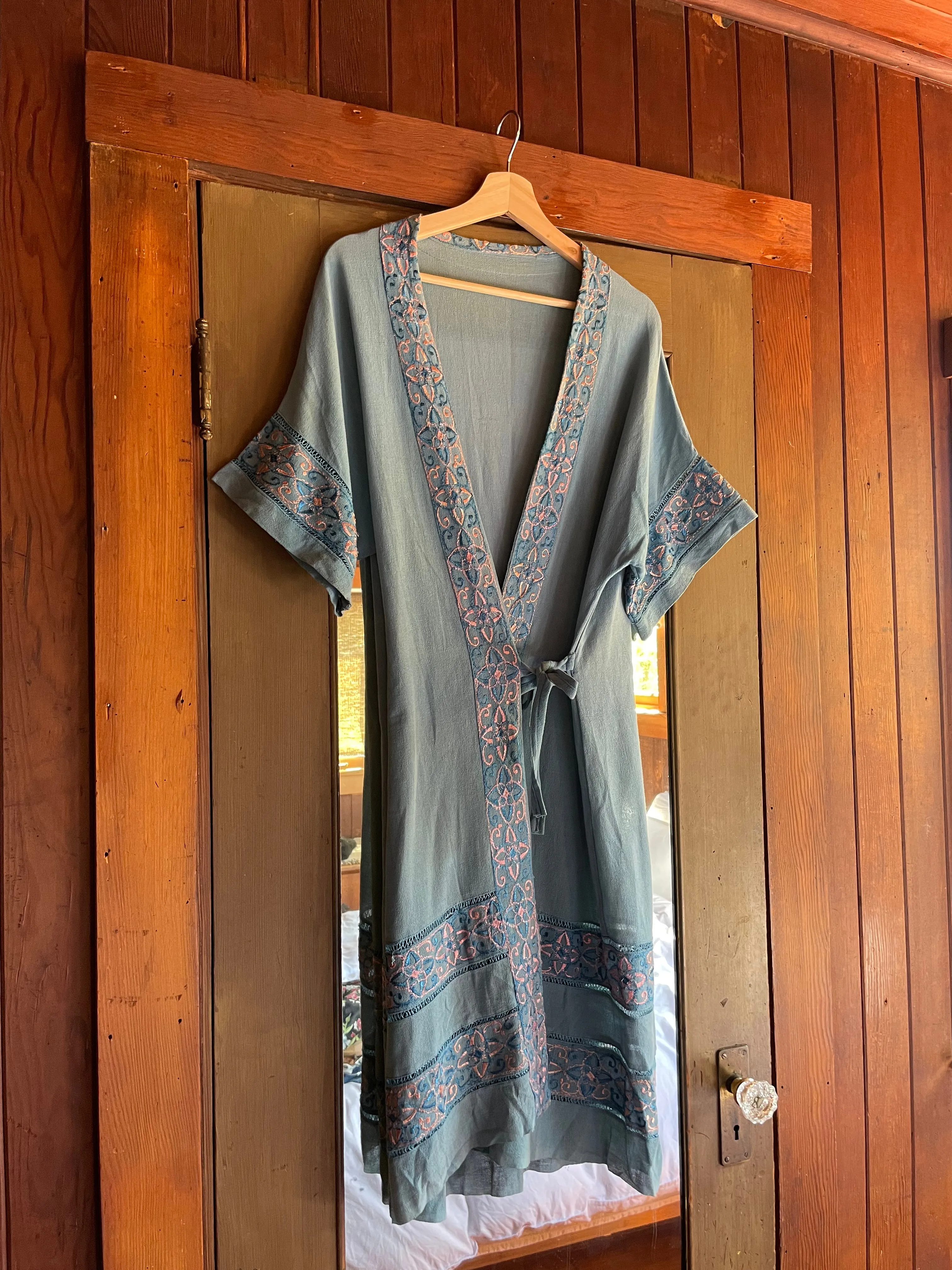 1940s Deco Crepe Baby Blue Wrap Robe Dress