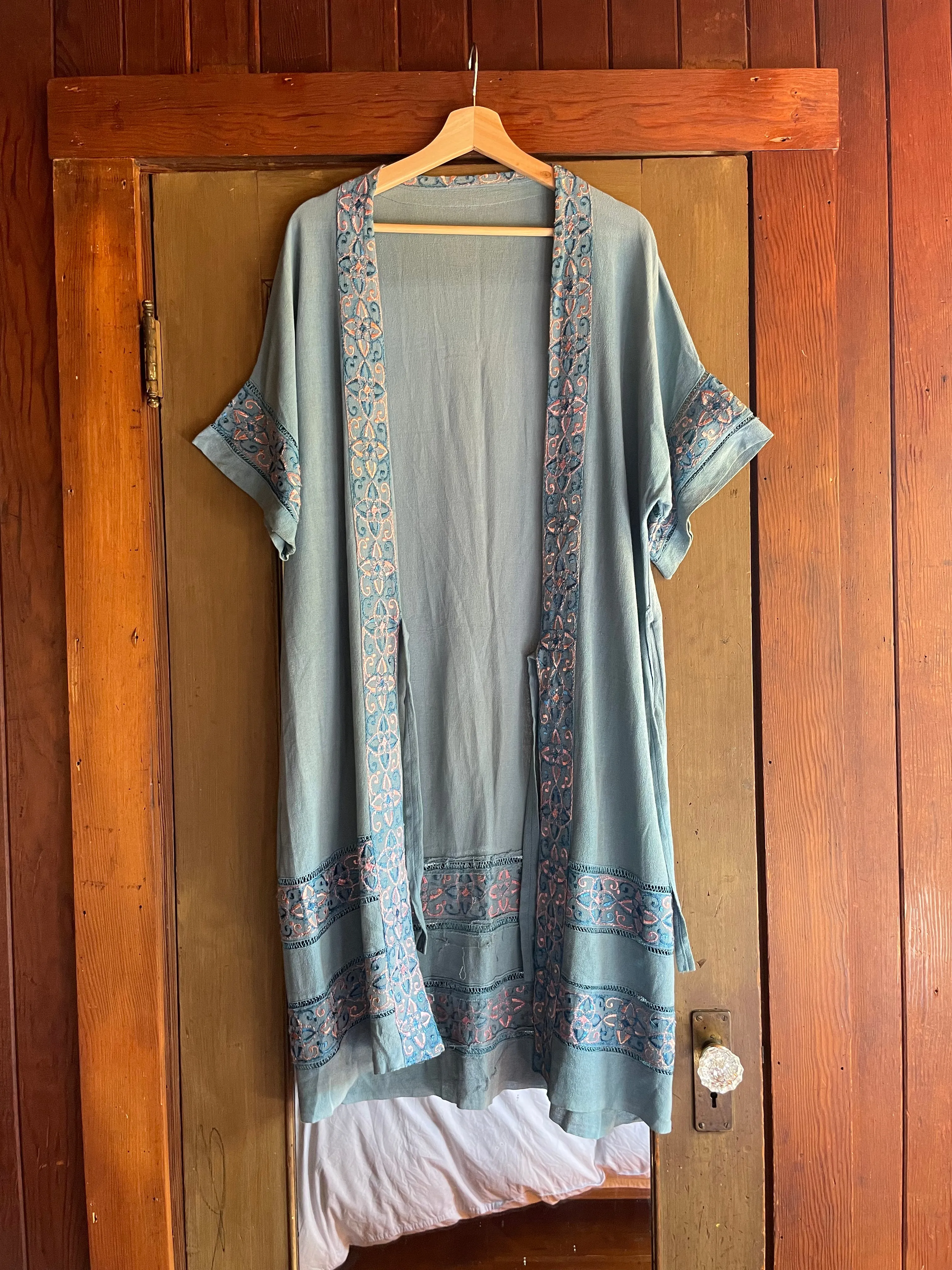 1940s Deco Crepe Baby Blue Wrap Robe Dress