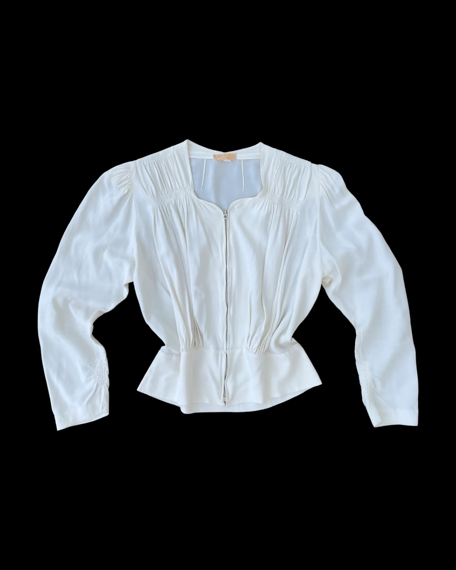 1940s Silk Crepe Talon Bell Zip Front Ruched Blouse
