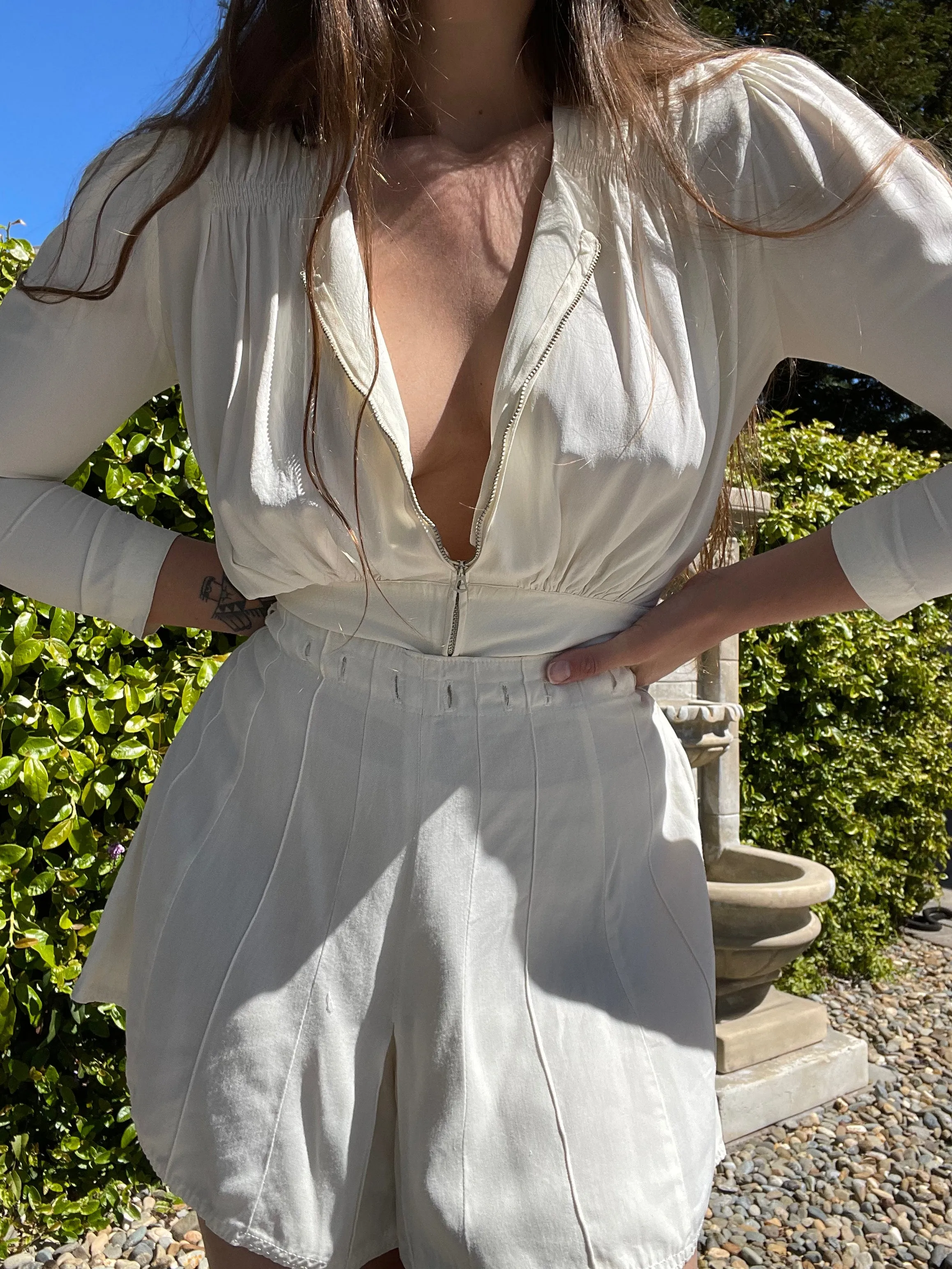1940s Silk Crepe Talon Bell Zip Front Ruched Blouse