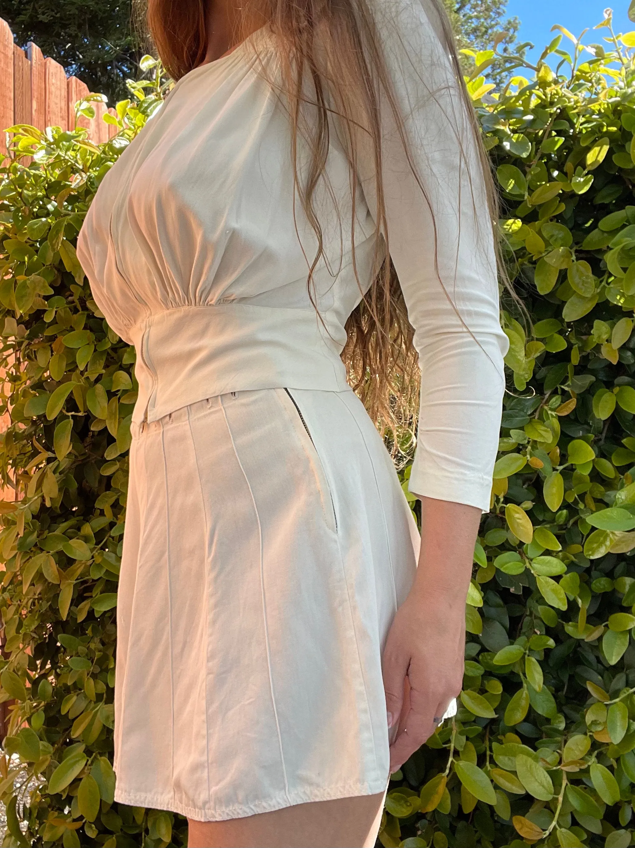 1940s Silk Crepe Talon Bell Zip Front Ruched Blouse