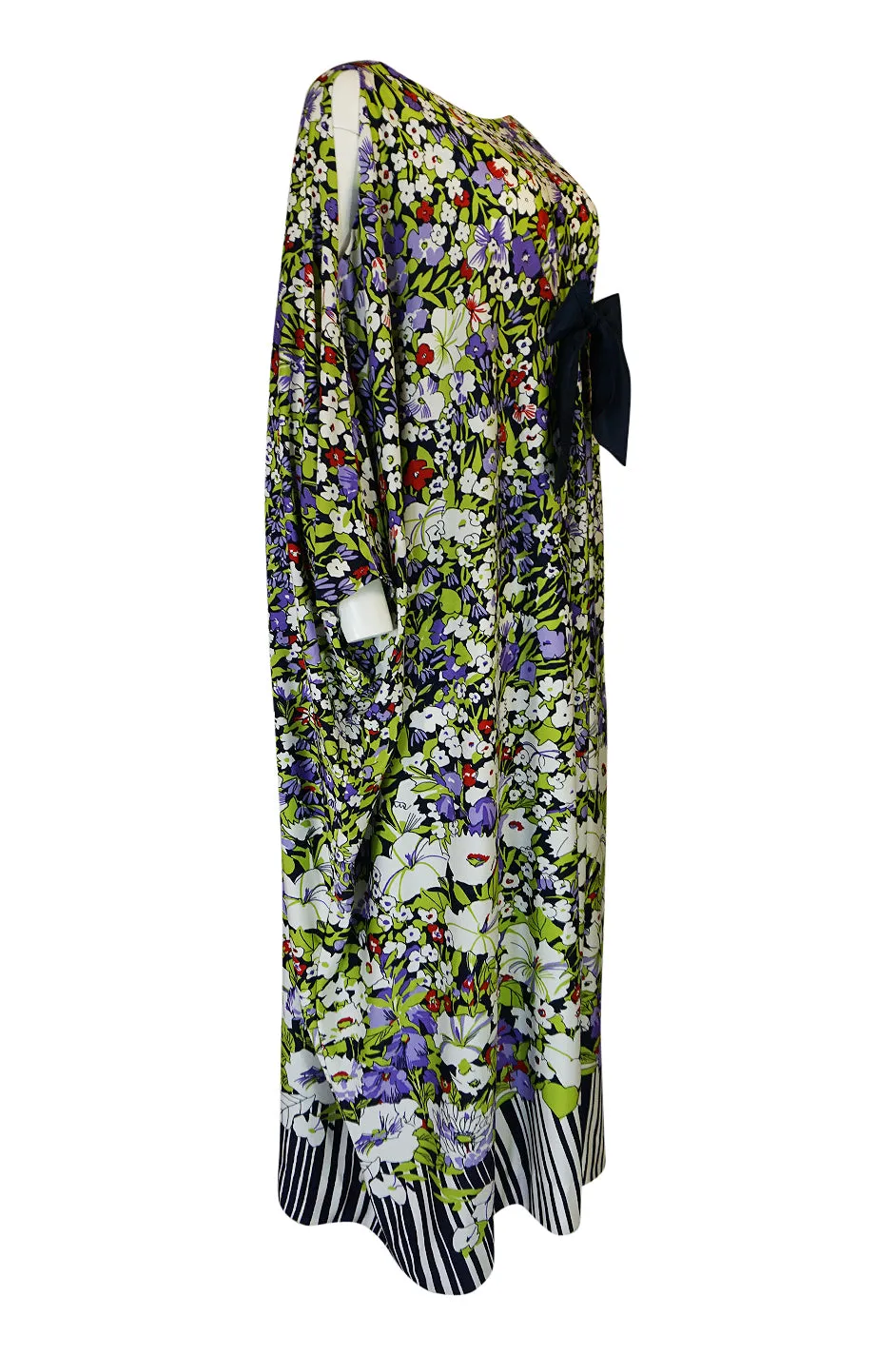 1970s Lanvin Floral Printed Fluid Jersey Ribbon Front Caftan Dress