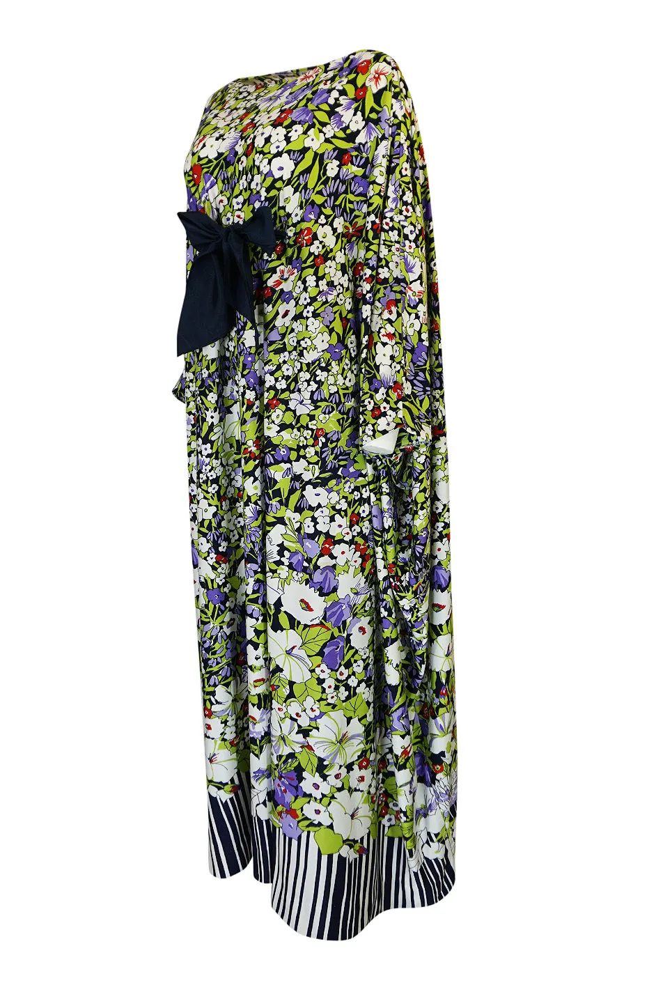 1970s Lanvin Floral Printed Fluid Jersey Ribbon Front Caftan Dress