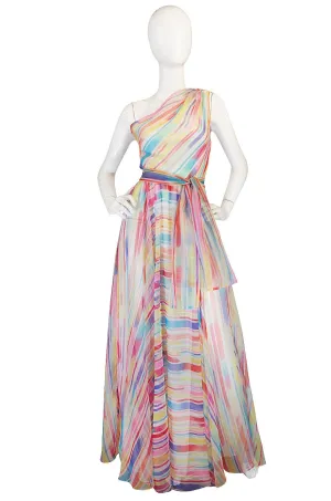 1970s One Shoulder Silk Stripe Oscar De La Renta