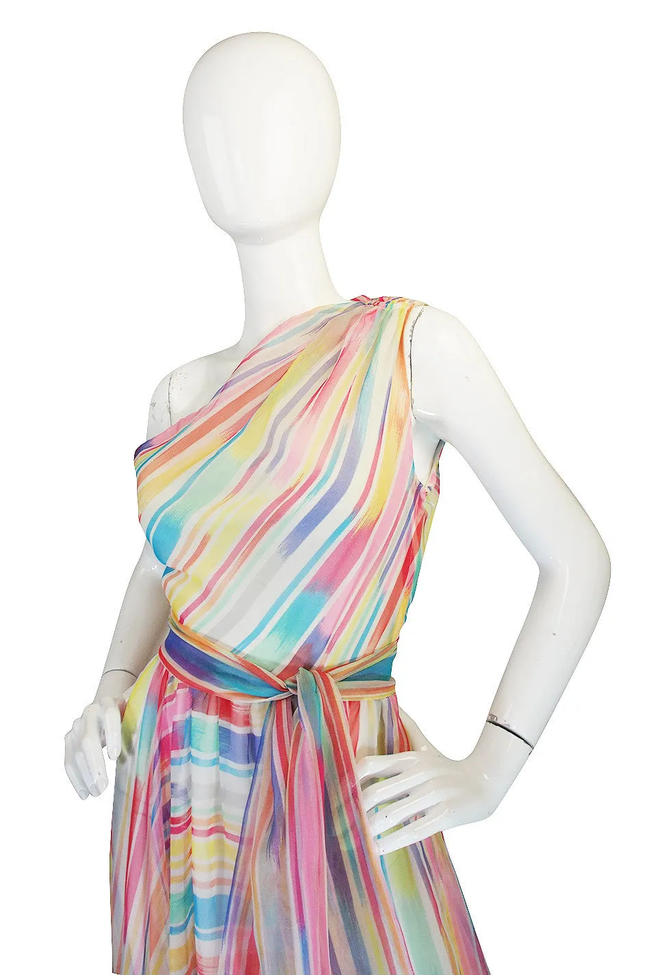 1970s One Shoulder Silk Stripe Oscar De La Renta