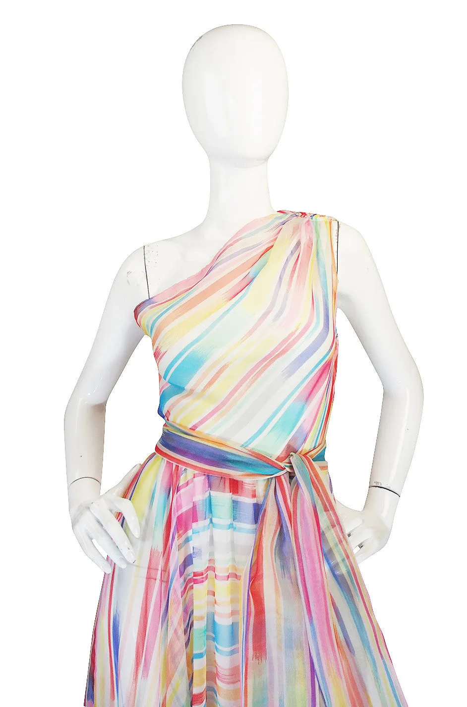 1970s One Shoulder Silk Stripe Oscar De La Renta