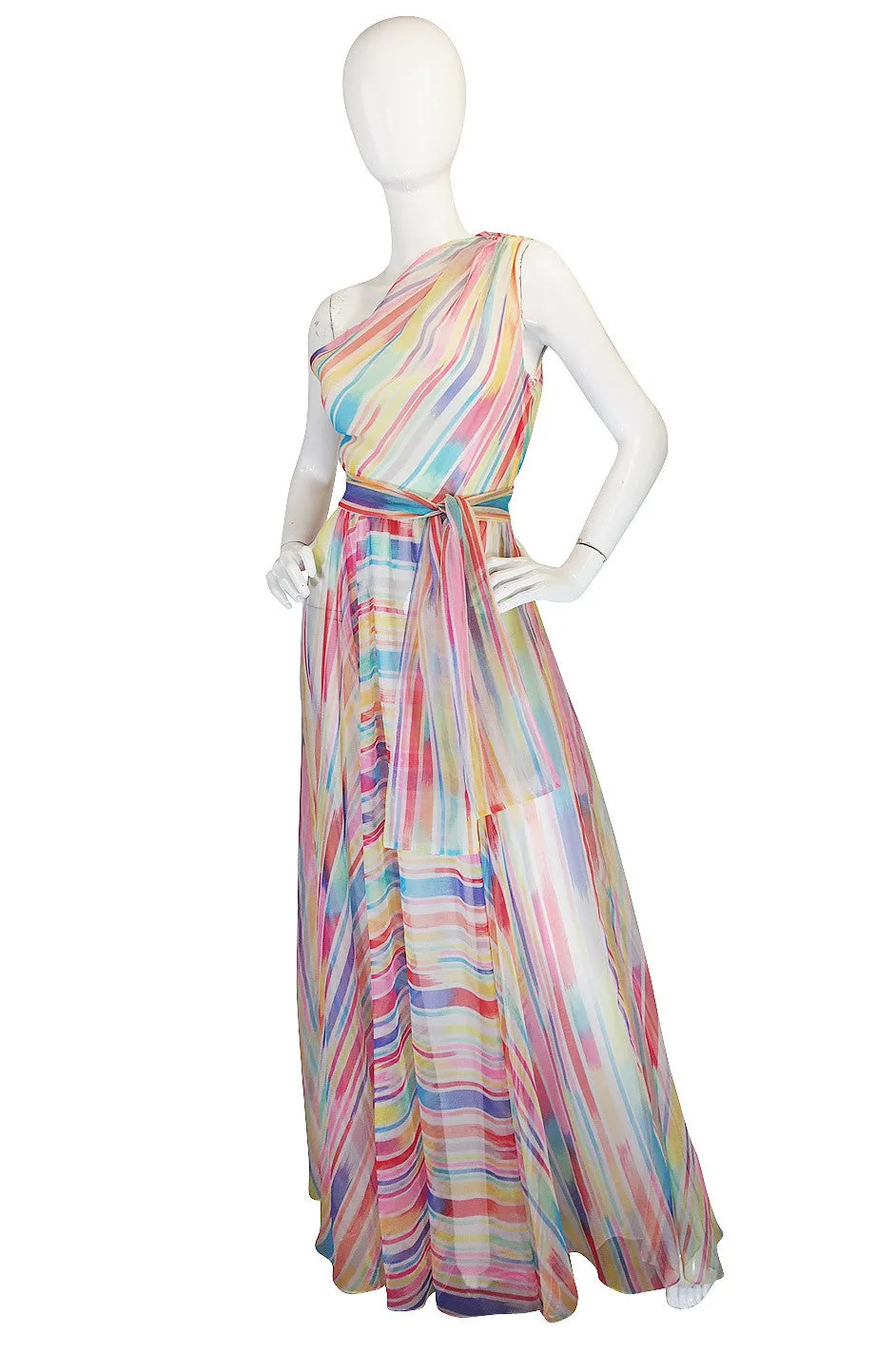 1970s One Shoulder Silk Stripe Oscar De La Renta