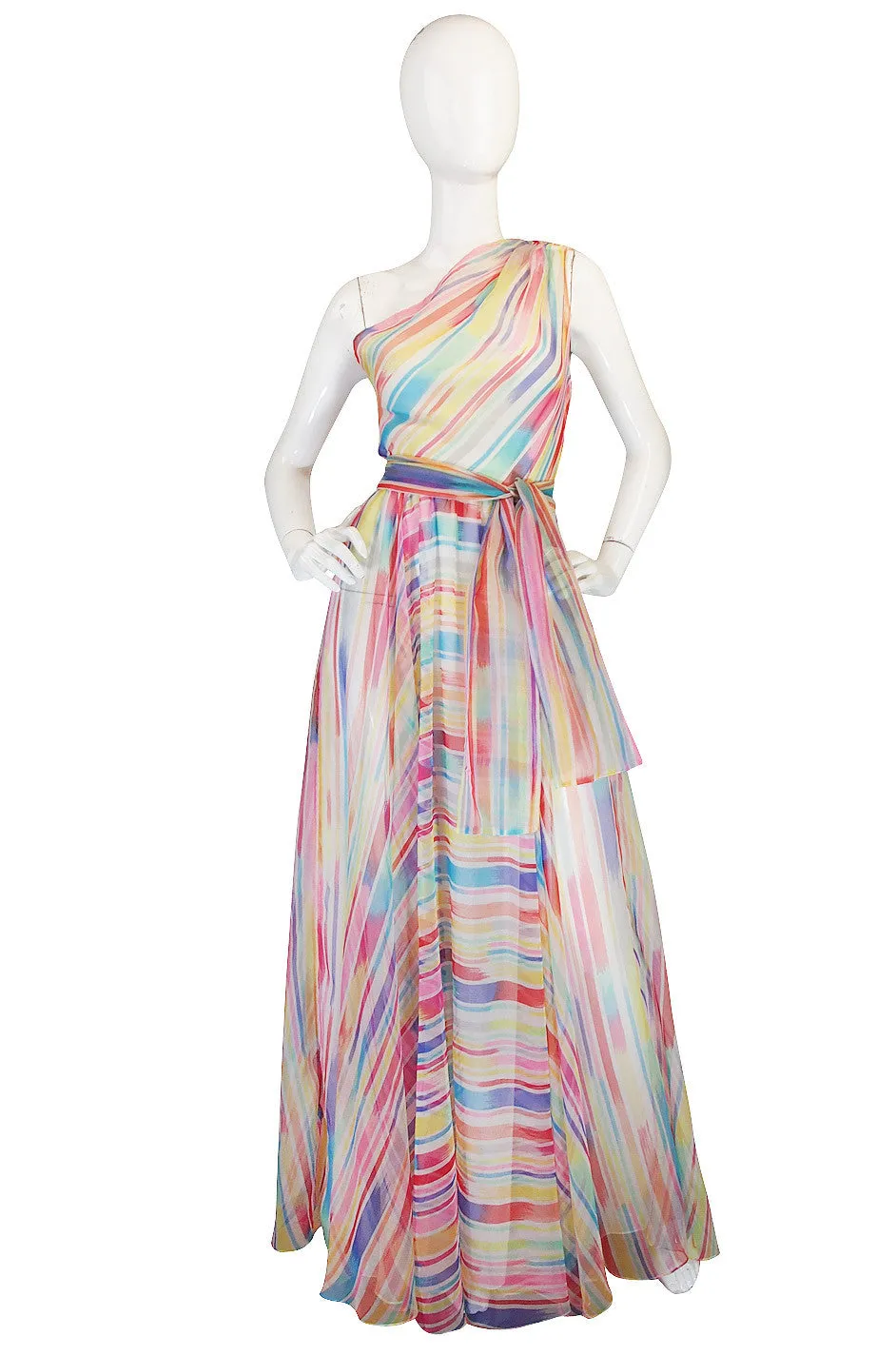 1970s One Shoulder Silk Stripe Oscar De La Renta
