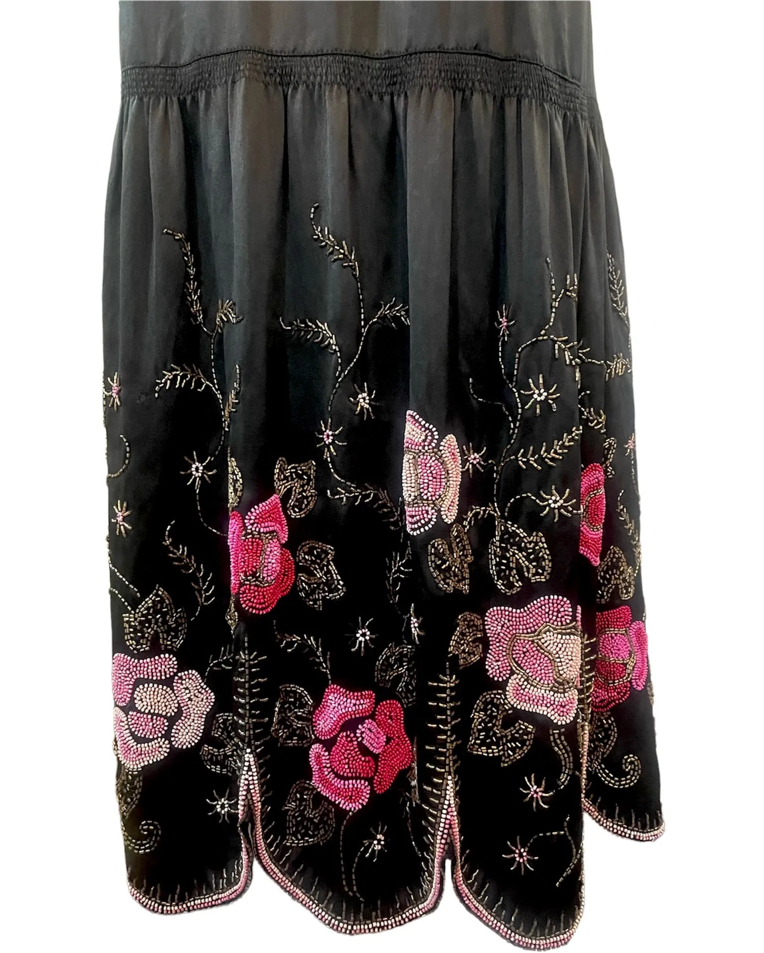 20s Satin Floral Beaded Dress with Scallop Hem