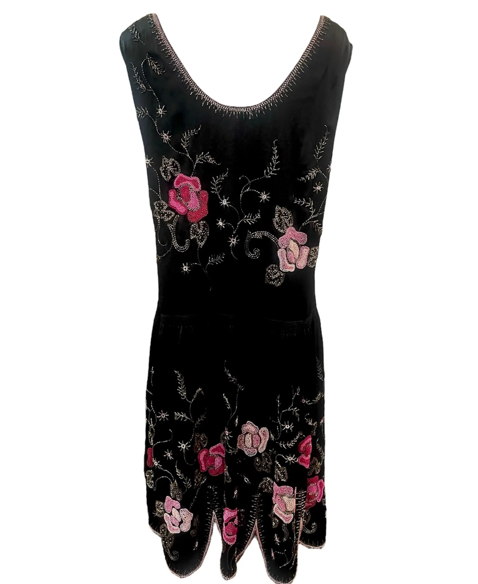 20s Satin Floral Beaded Dress with Scallop Hem