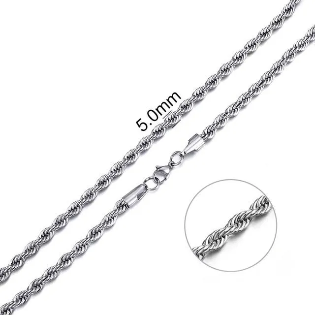 2mm-7mm Rope Chain Necklace, Stainless Steel
