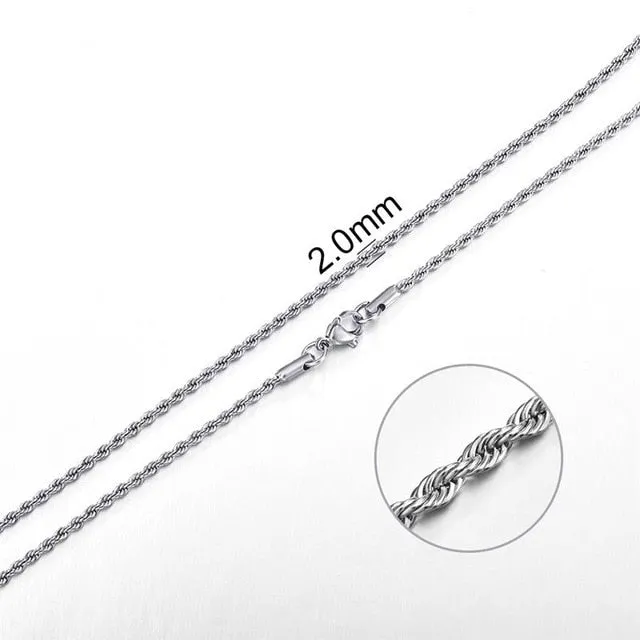 2mm-7mm Rope Chain Necklace, Stainless Steel