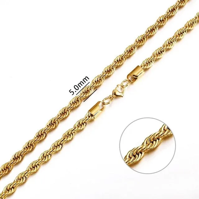 2mm-7mm Rope Chain Necklace, Stainless Steel