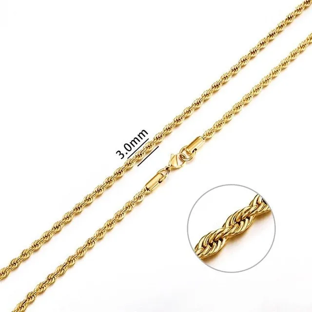 2mm-7mm Rope Chain Necklace, Stainless Steel