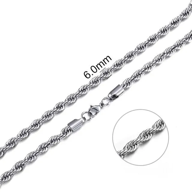 2mm-7mm Rope Chain Necklace, Stainless Steel
