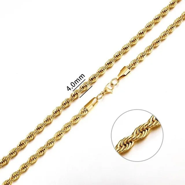 2mm-7mm Rope Chain Necklace, Stainless Steel
