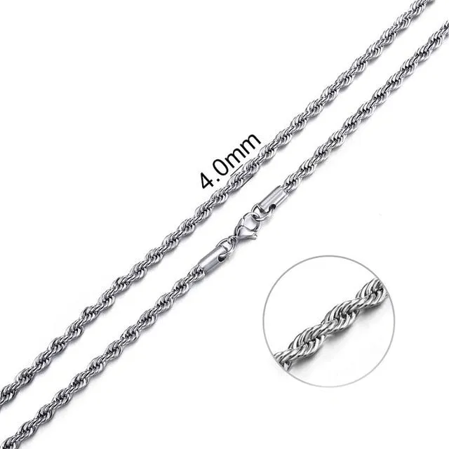 2mm-7mm Rope Chain Necklace, Stainless Steel