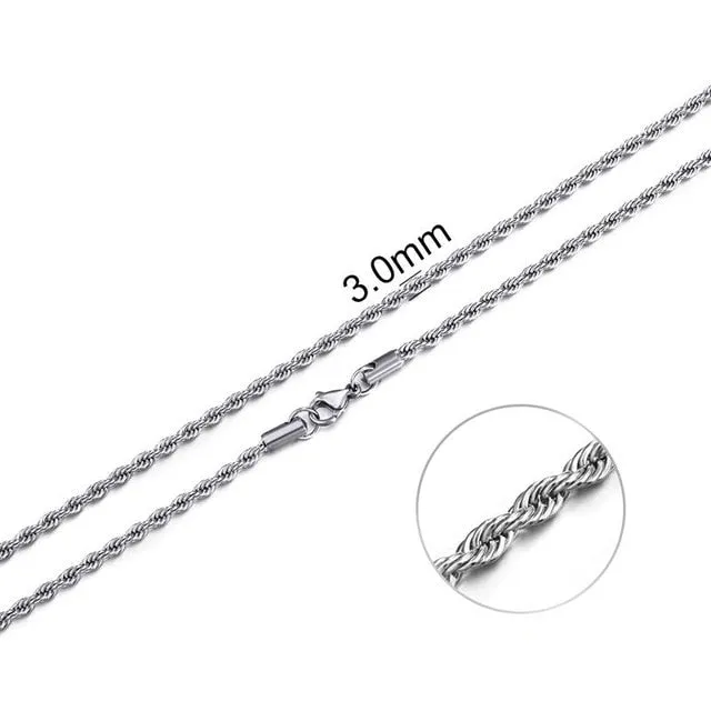 2mm-7mm Rope Chain Necklace, Stainless Steel