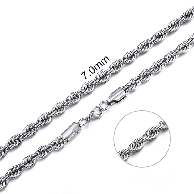 2mm-7mm Rope Chain Necklace, Stainless Steel