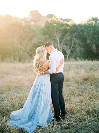 A Line Sky Blue Rustic Chiffon Deep V Neck Slit Summer Beach Wedding Dresses uk PH863