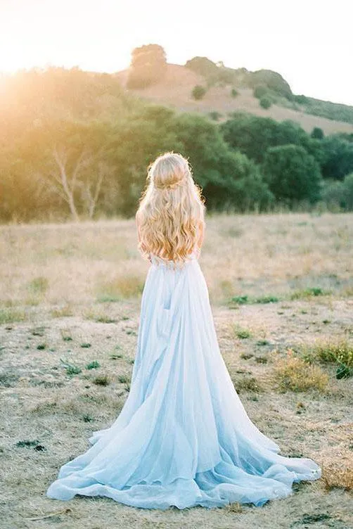 A Line Sky Blue Rustic Chiffon Deep V Neck Slit Summer Beach Wedding Dresses uk PH863