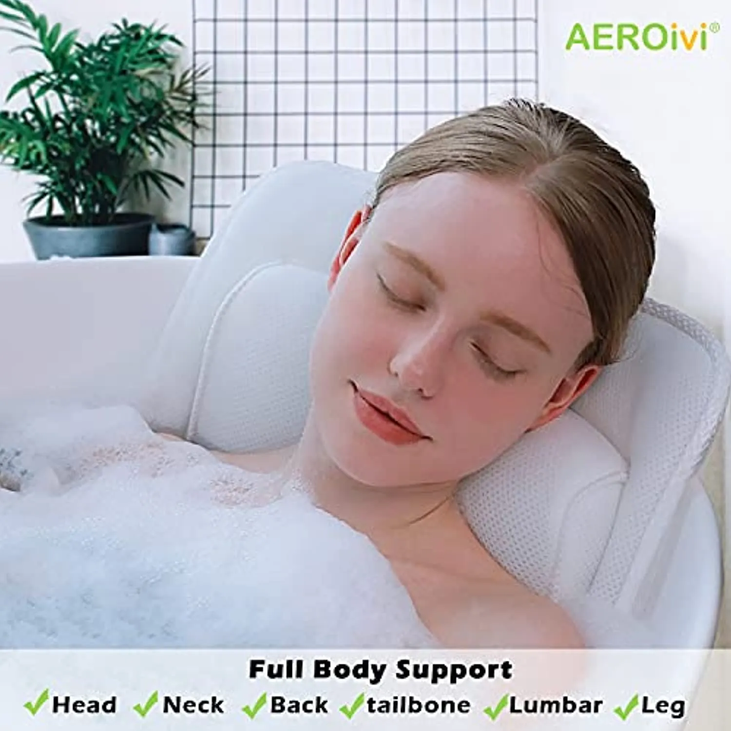 AEROiVi Full Body Bath Pillow with Lumbar Pillow Bathtub Cushion with 14 Suction Cups 3D Air Mesh Fit Any Tub