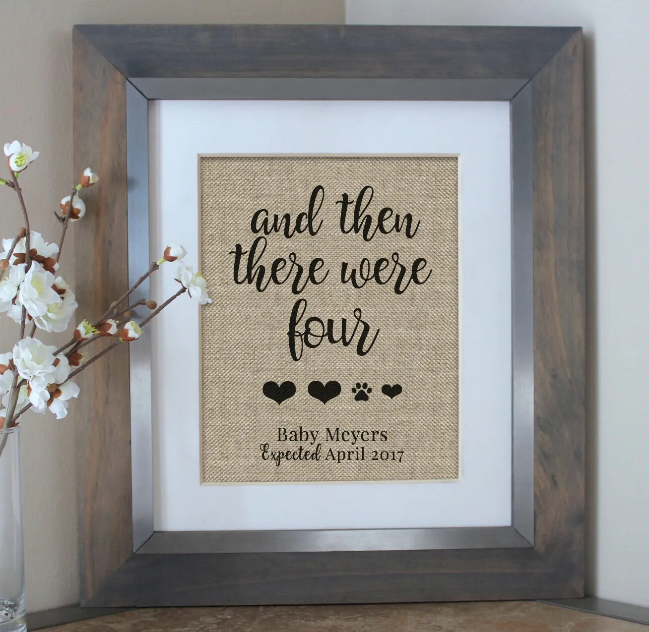 And then there were four baby announcement burlap print - dog mom gift for baby reveal