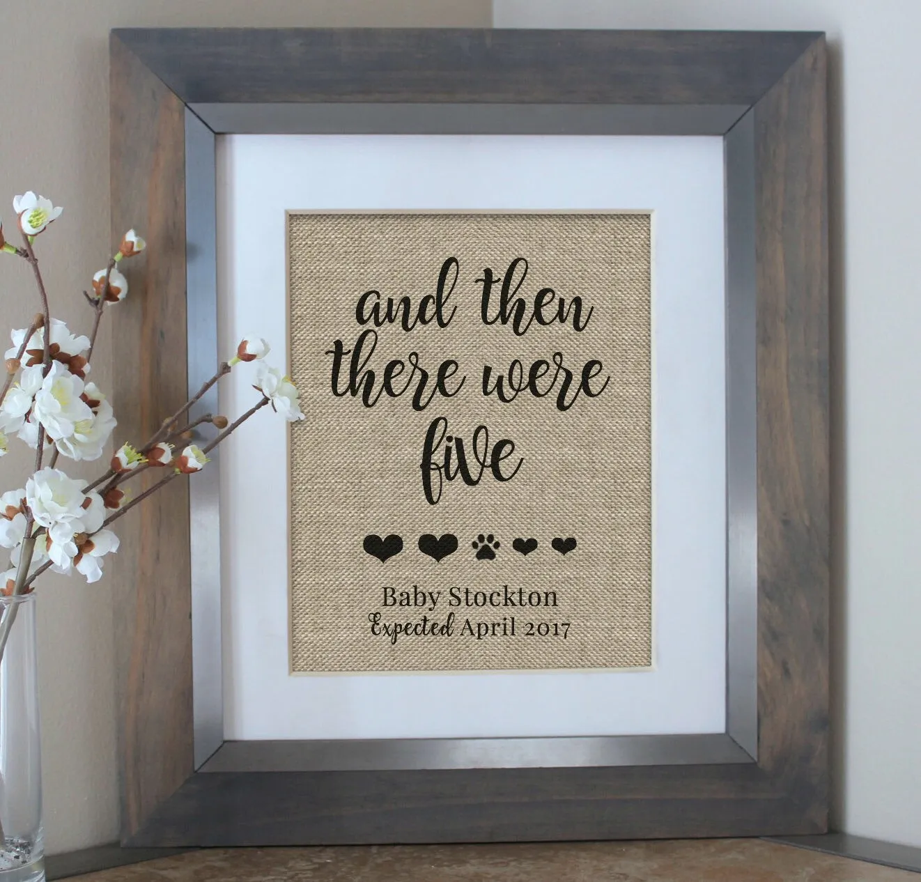 And then there were four baby announcement burlap print - dog mom gift for baby reveal