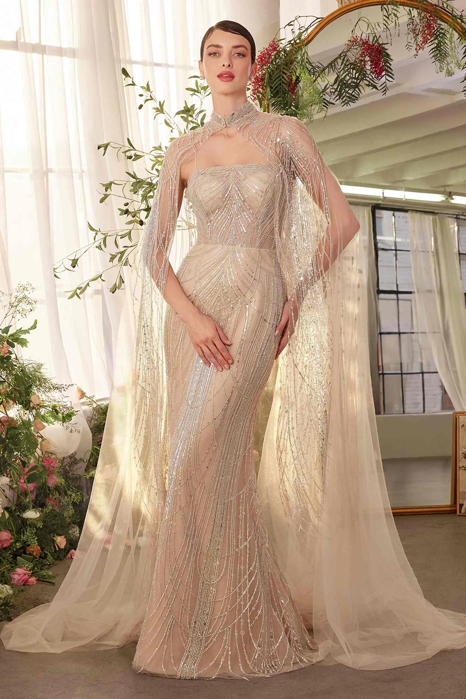 Andrea & Leo A1411 Dress Champagne Art Deco Beaded Gown & Cape