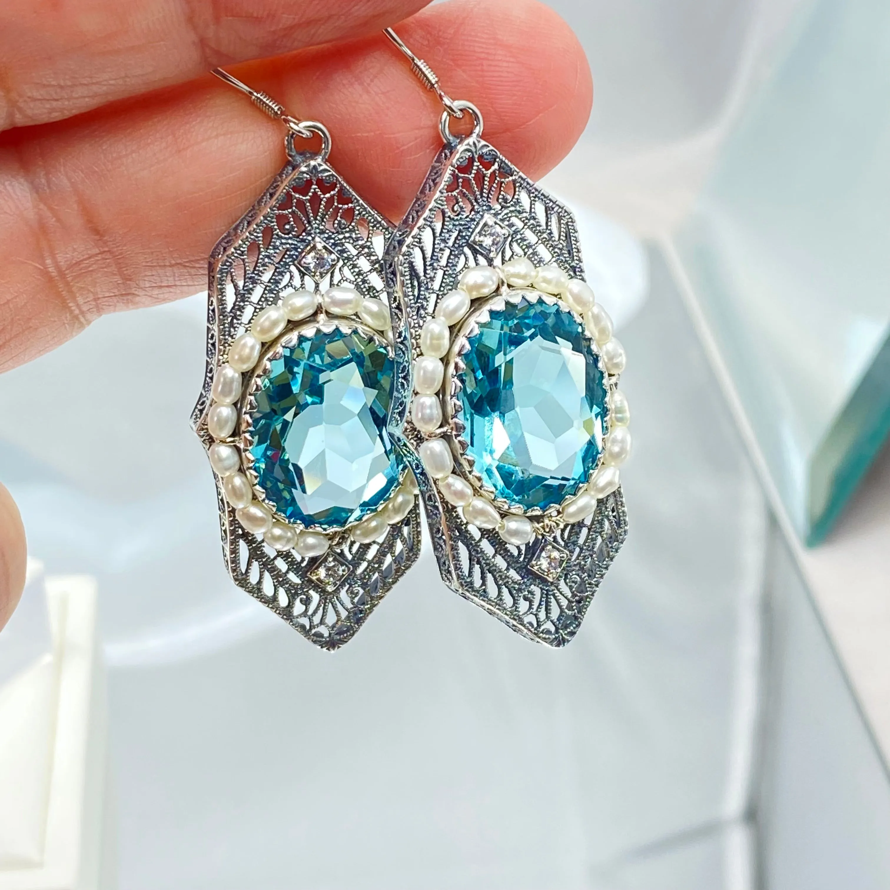 Aquamarine Jewelry Set, Oval Art Deco Set includes Earrings & Pendant #S156
