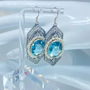 Aquamarine Jewelry Set, Oval Art Deco Set includes Earrings & Pendant #S156