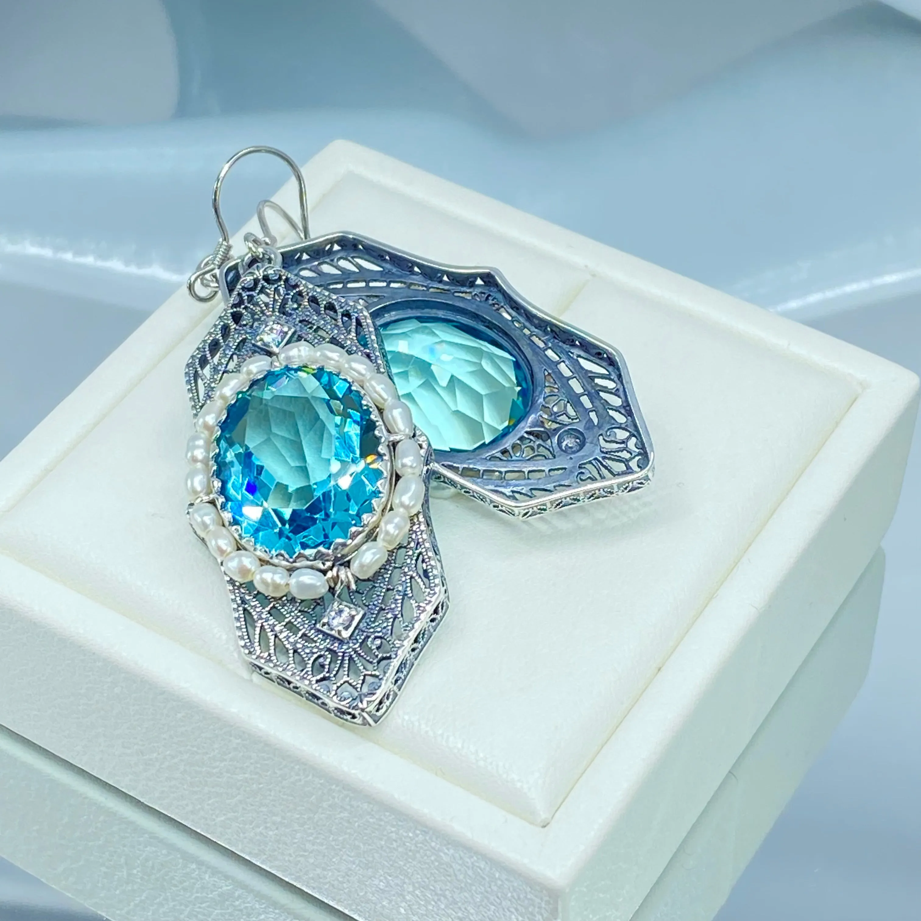 Aquamarine Jewelry Set, Oval Art Deco Set includes Earrings & Pendant #S156