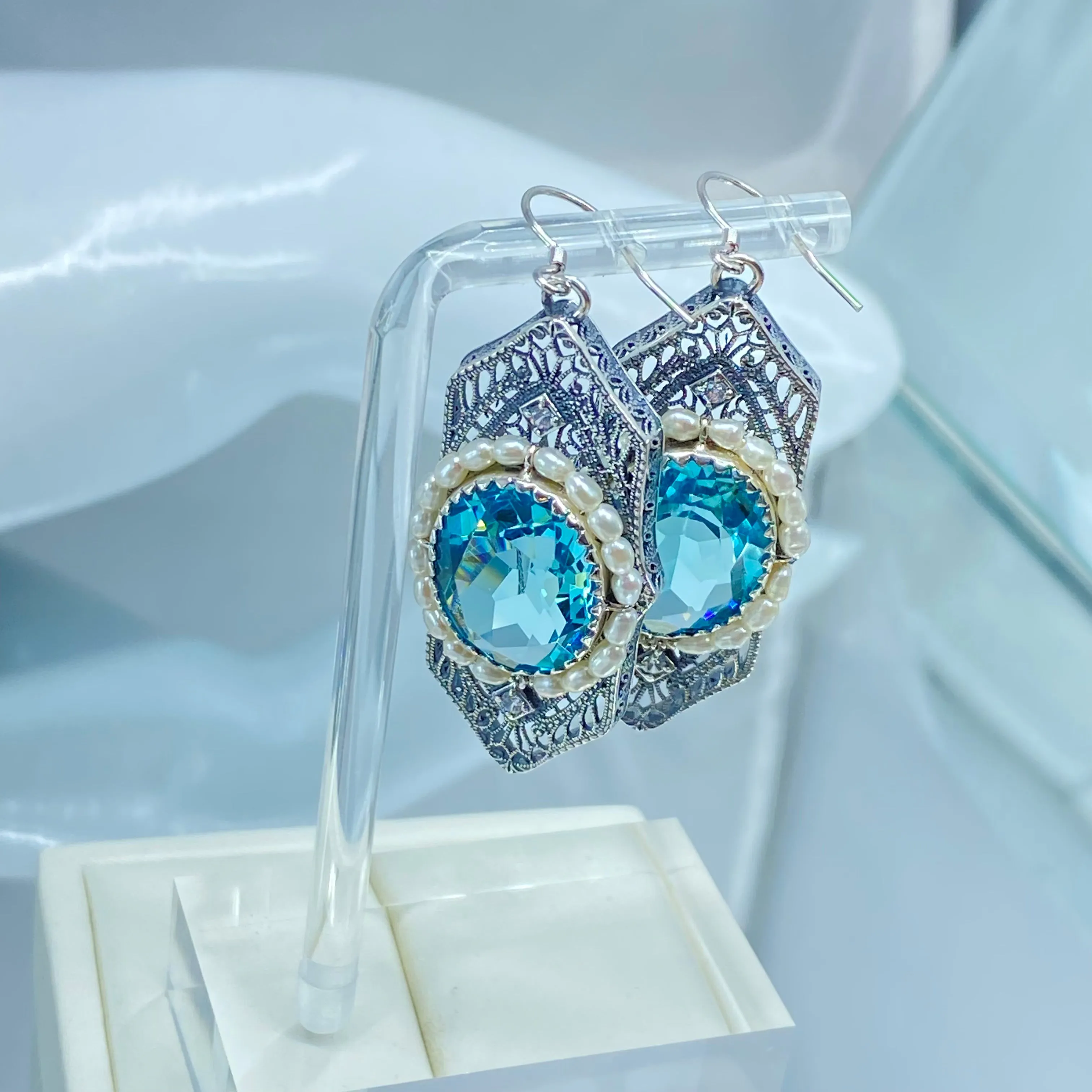 Aquamarine Jewelry Set, Oval Art Deco Set includes Earrings & Pendant #S156