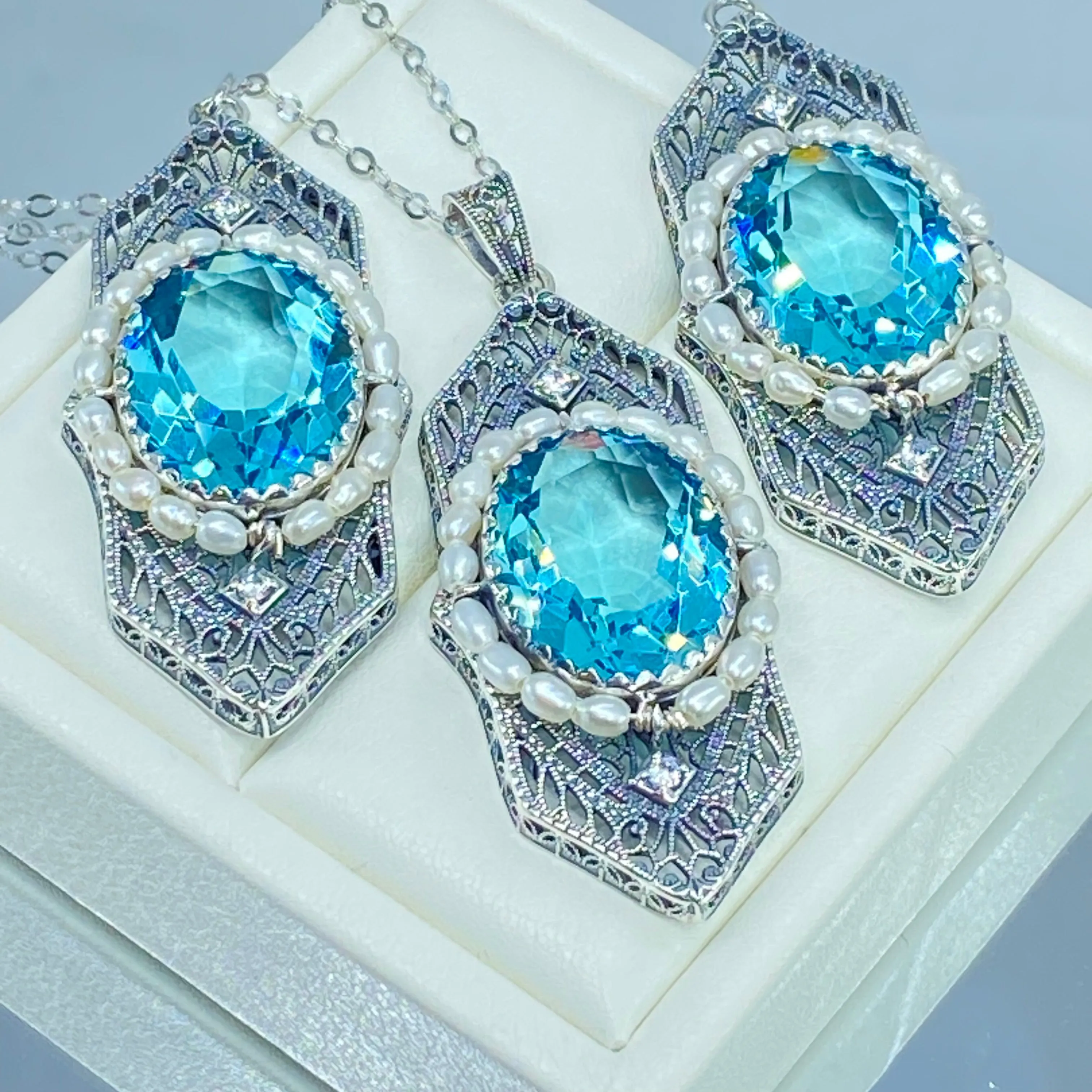 Aquamarine Jewelry Set, Oval Art Deco Set includes Earrings & Pendant #S156